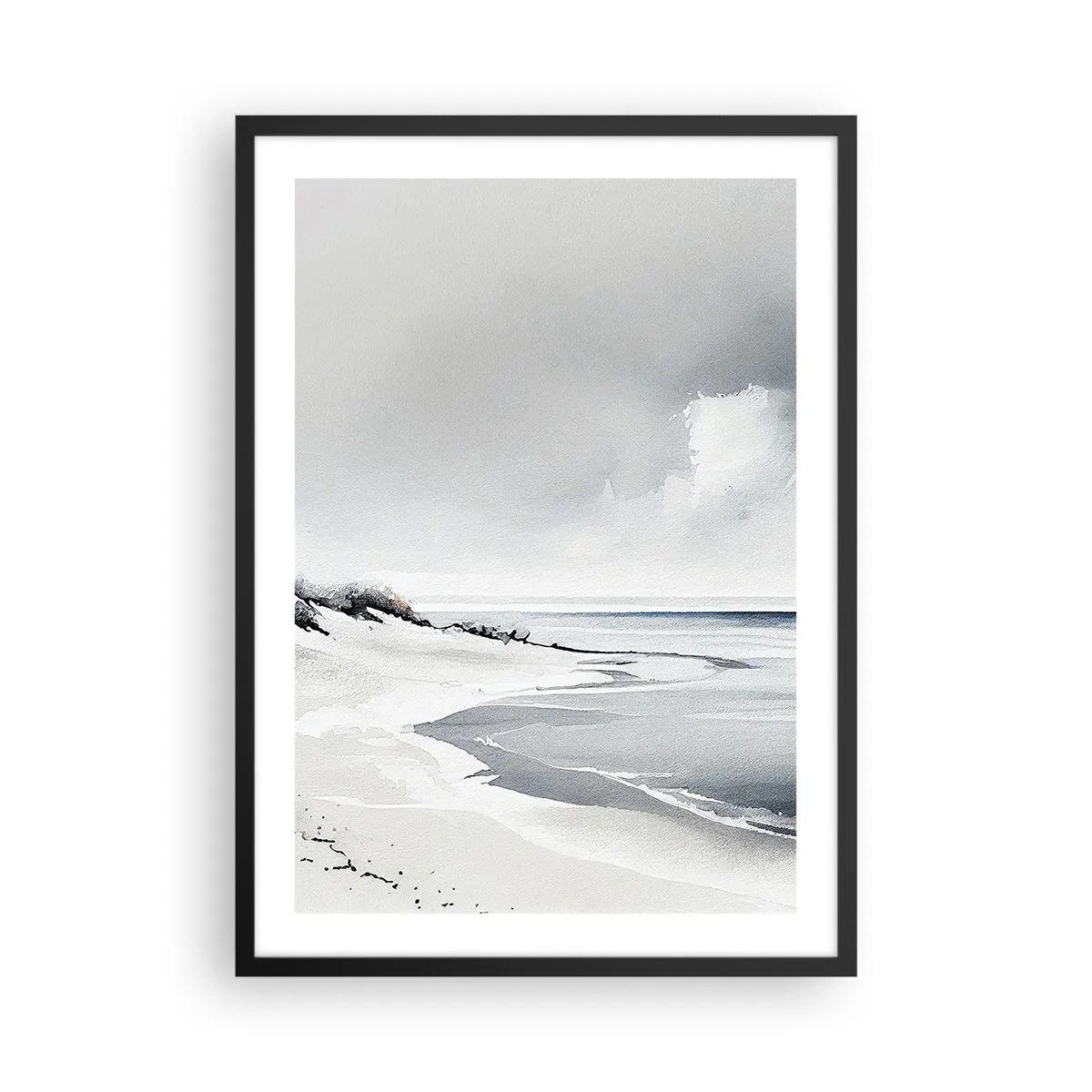 Plakat i sort ramme - En minimalistisk strand i grå nuancer - 50x70cm - Altid sammen - Moderne vægdekoration til stue og soveværelse ARTTOR