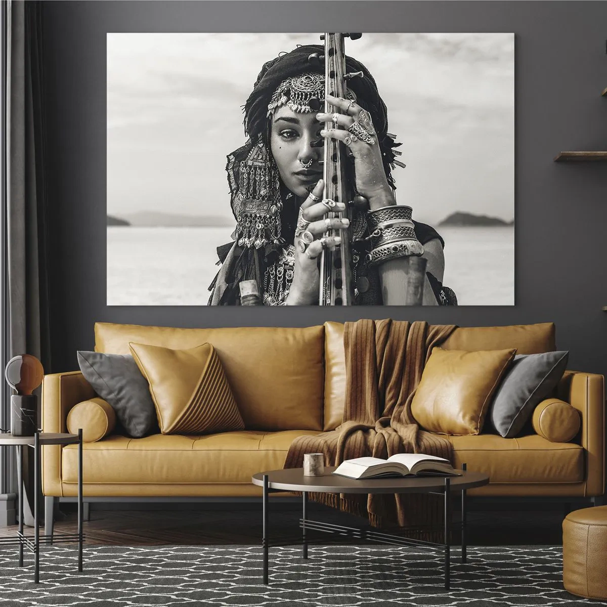 Billede på glas - Kvinde i orientalske smykker med et instrument - 70x50cm - Selve den orientalske musik - Moderne vægdekoration til stue og soveværelse ARTTOR