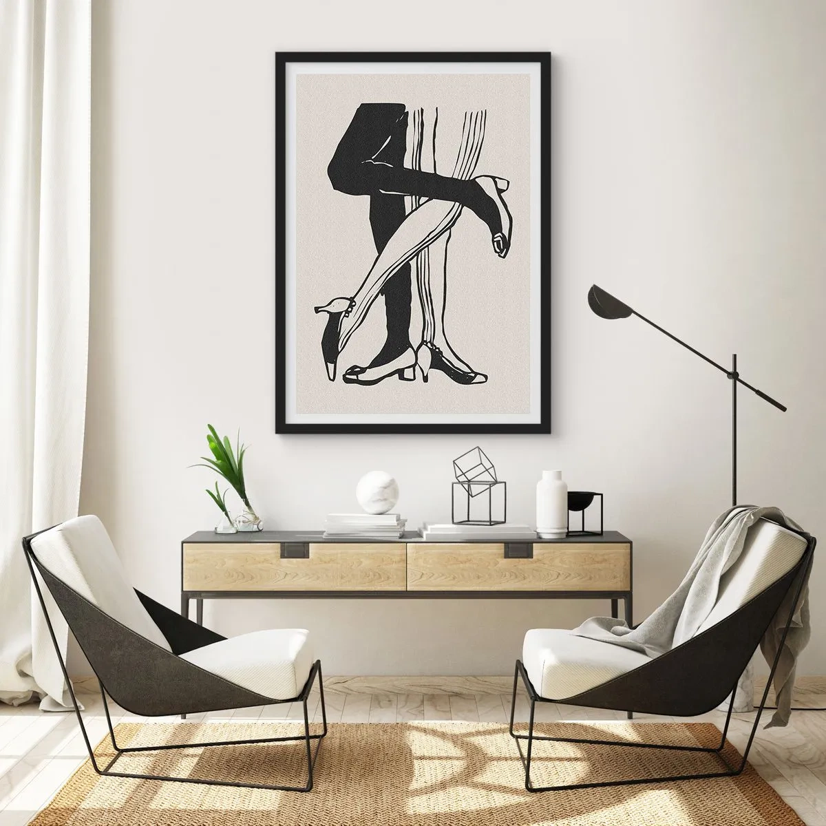 Plakat i sort ramme - Sort-hvid illustration af sammenflettede ben, der danser - 50x70cm - En feminin egenskab - Moderne vægdekoration til stue og soveværelse ARTTOR
