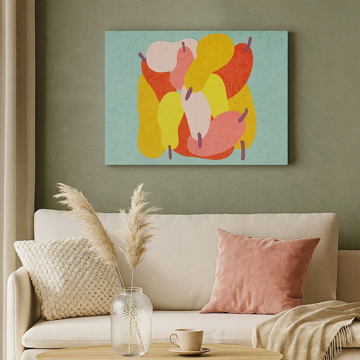 Lærredstryk - Billede på lærred - Farverige abstrakte pærer på en grøn baggrund - 70x50cm - Smag på sommersolen - Moderne vægdekoration til stue og soveværelse ARTTOR