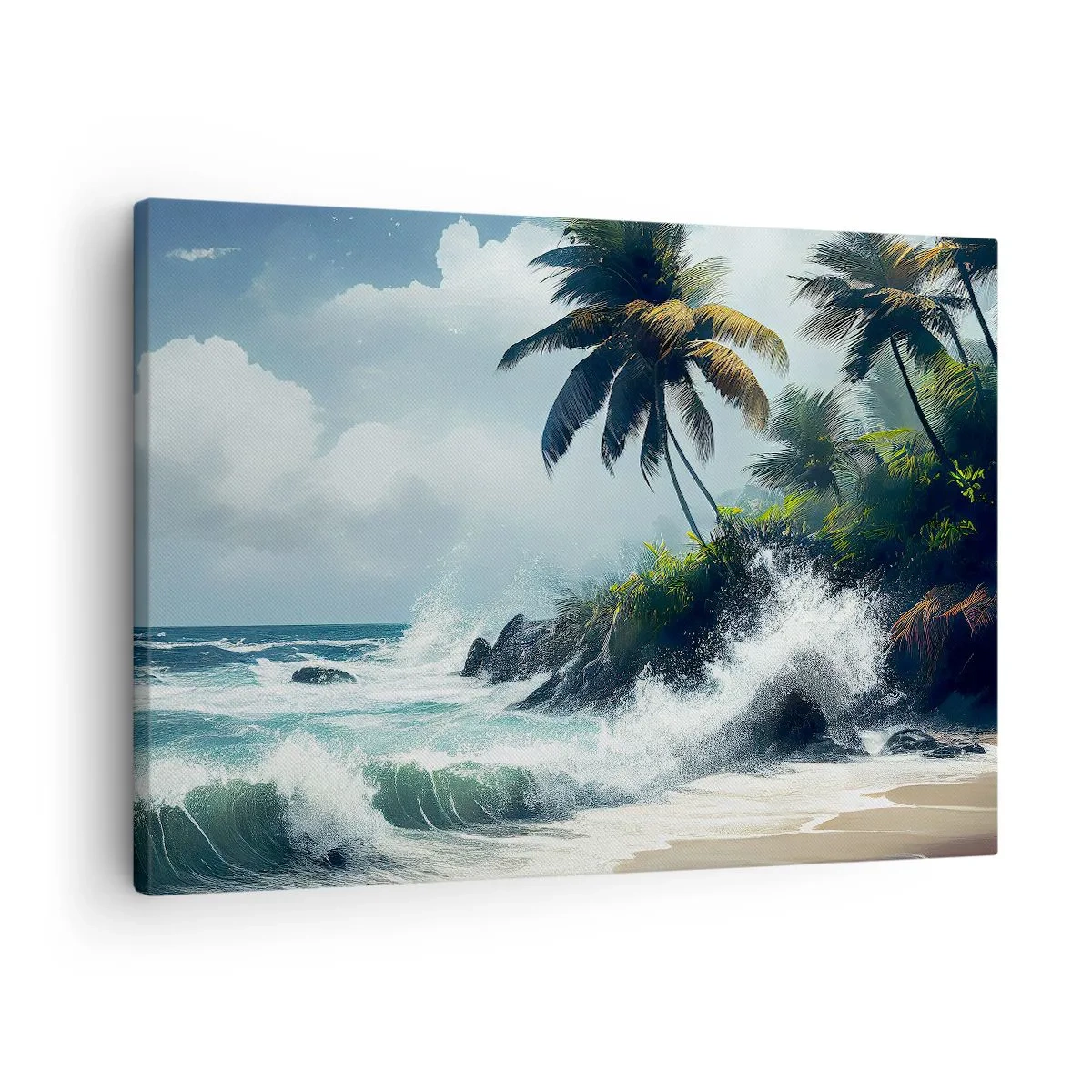 Lærredstryk - Billede på lærred - Tropisk kyst med palmer og et oprørt hav - 70x50cm - På en tropisk strand - Moderne vægdekoration til stue og soveværelse ARTTOR