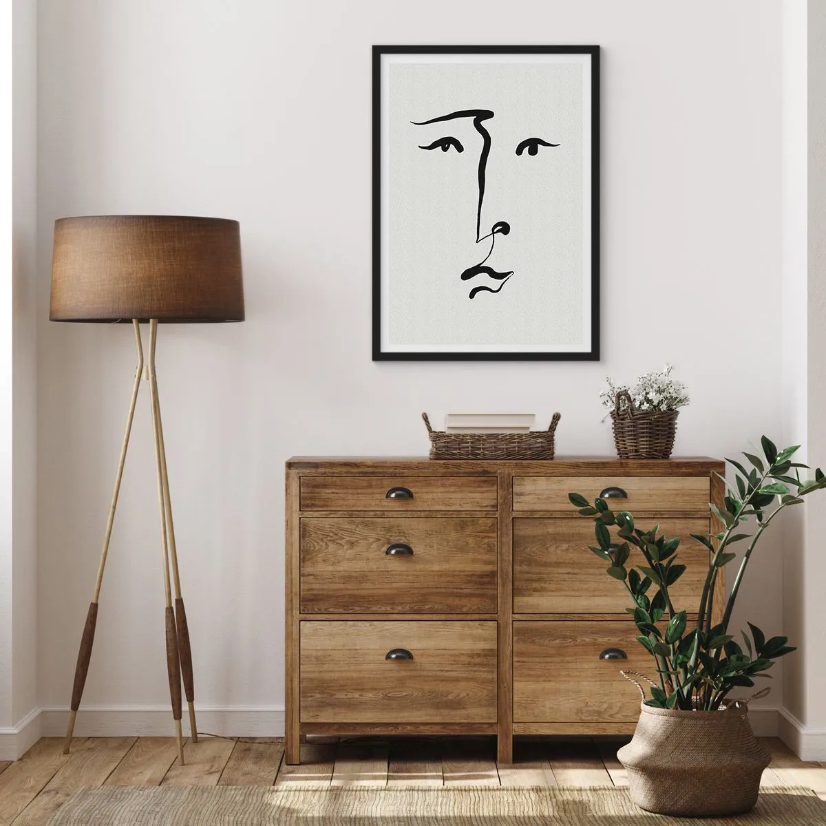 Plakat i sort ramme - Minimalistisk ansigtsillustration i ét penselstrøg - 50x70cm - Portræt i én linje - Moderne vægdekoration til stue og soveværelse ARTTOR
