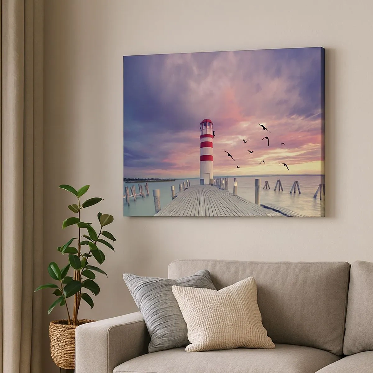 Lærredstryk - Billede på lærred - Et fyrtårn på molen omgivet af en malerisk solnedgang - 70x50cm - Det er tid til havnen - Moderne vægdekoration til stue og soveværelse ARTTOR