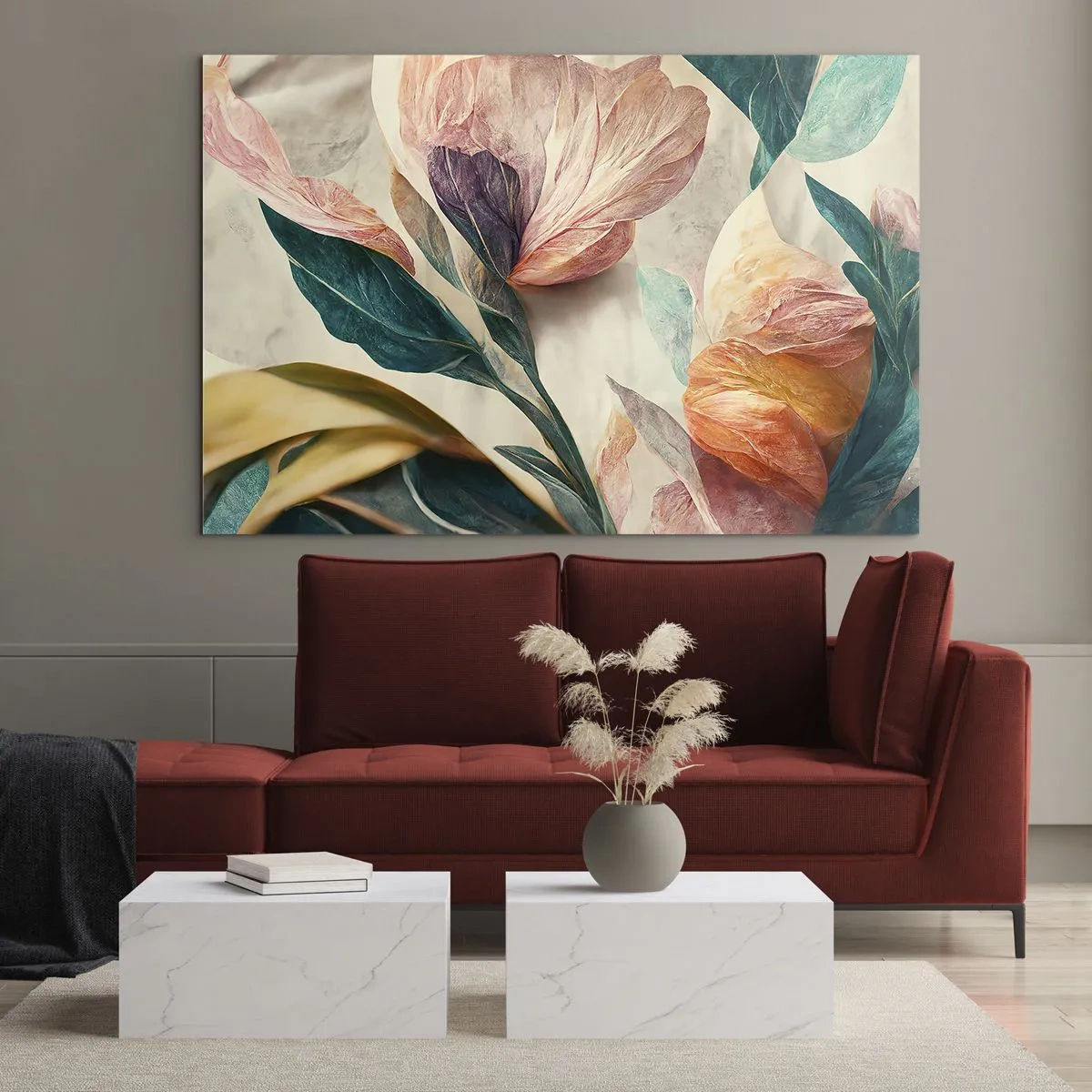 Billede på glas - Eksotiske blomster og blade i pastelfarver i botanisk stil - 70x50cm - Blomster på de sydlige øer - Moderne vægdekoration til stue og soveværelse ARTTOR