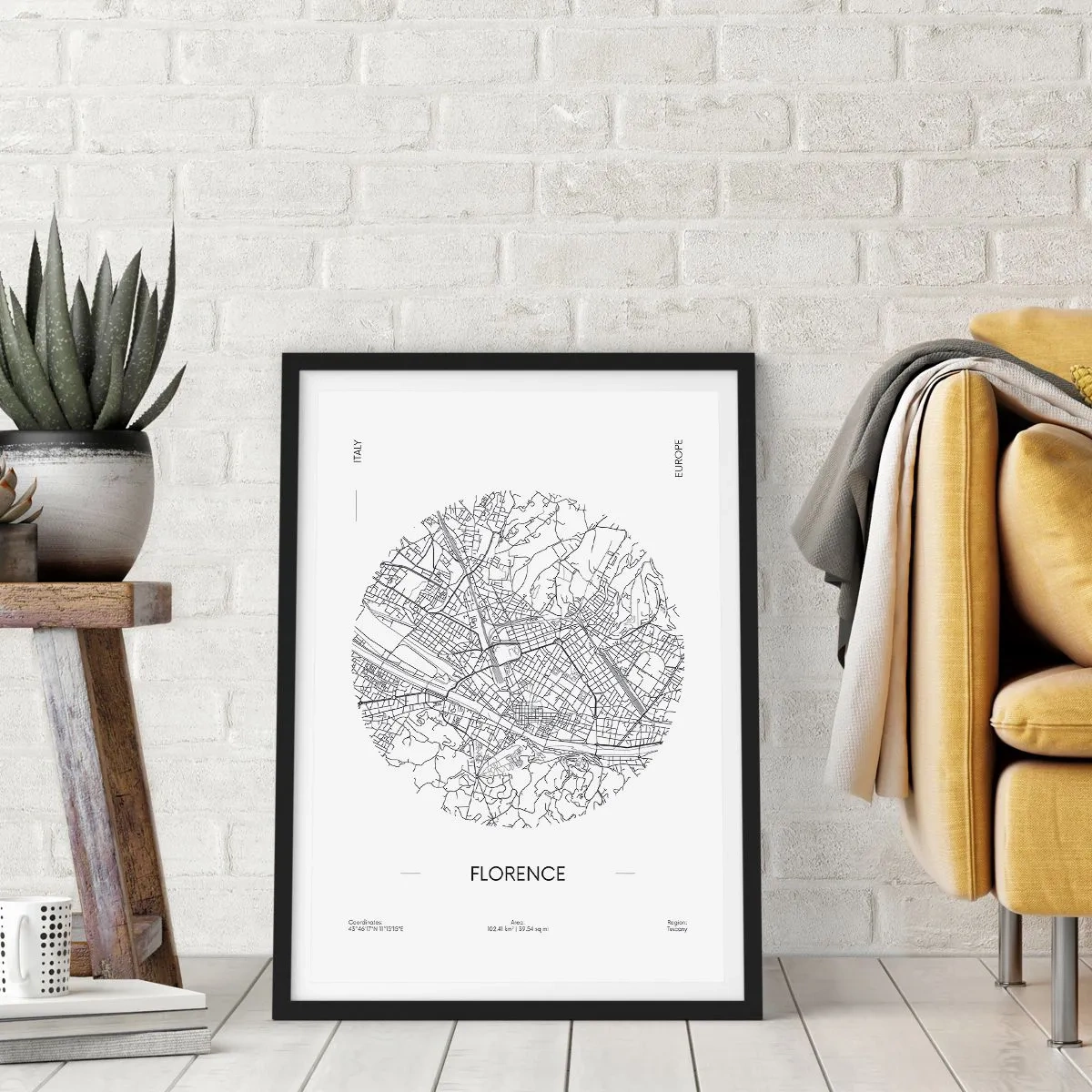 Plakat i sort ramme - Et minimalistisk kort over Firenze i sort-hvid. - 50x70cm - Anatomi af Firenze - Moderne vægdekoration til stue og soveværelse ARTTOR