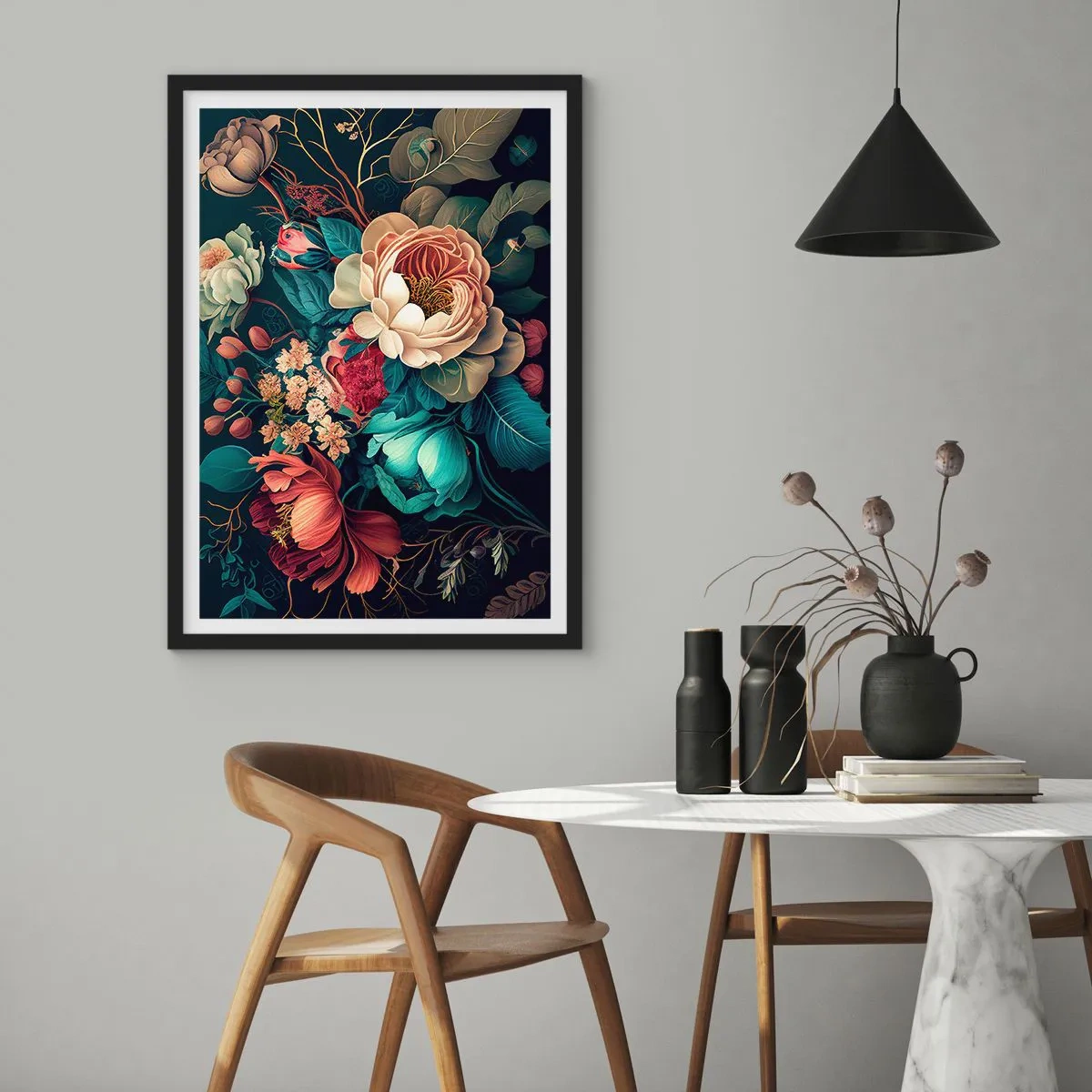 Plakat i sort ramme - En buket blomster i barokstil på en mørk baggrund - 50x70cm - Charme fra det 19. århundrede - Moderne vægdekoration til stue og soveværelse ARTTOR
