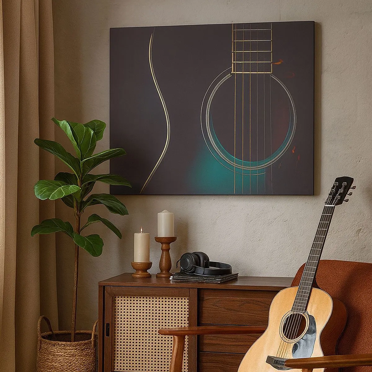 Lærredstryk - Billede på lærred - Akustisk guitar i mørkt, elegant lys - 70x50cm - Et øjeblik før det lyder - Moderne vægdekoration til stue og soveværelse ARTTOR