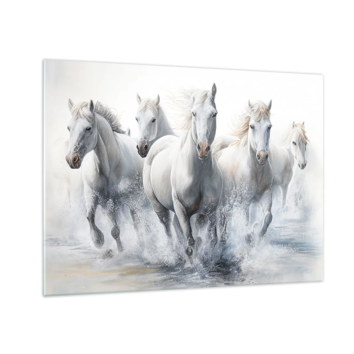 Billede på glas - Hvide heste, der galopperer gennem vand i en dynamisk komposition - 70x50cm - Hvid magi - Moderne vægdekoration til stue og soveværelse ARTTOR