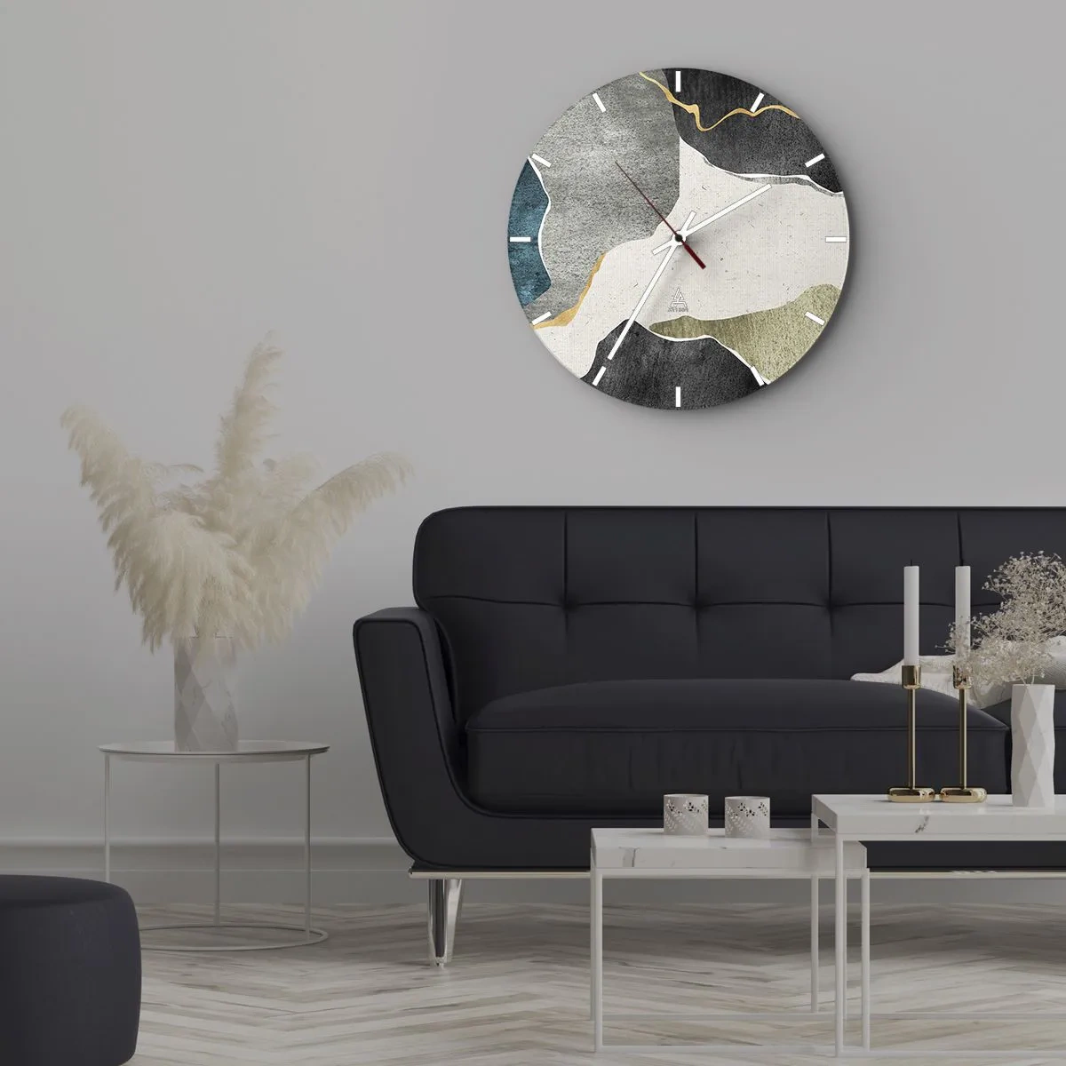 Vægur, Uret - Farverige pletter og en guldlinje skaber et mosaikmønster - 30x30cm - Mosaikkomposition med en streng af guld - Moderne vægdekoration til stue, køkken og soveværelse ARTTOR