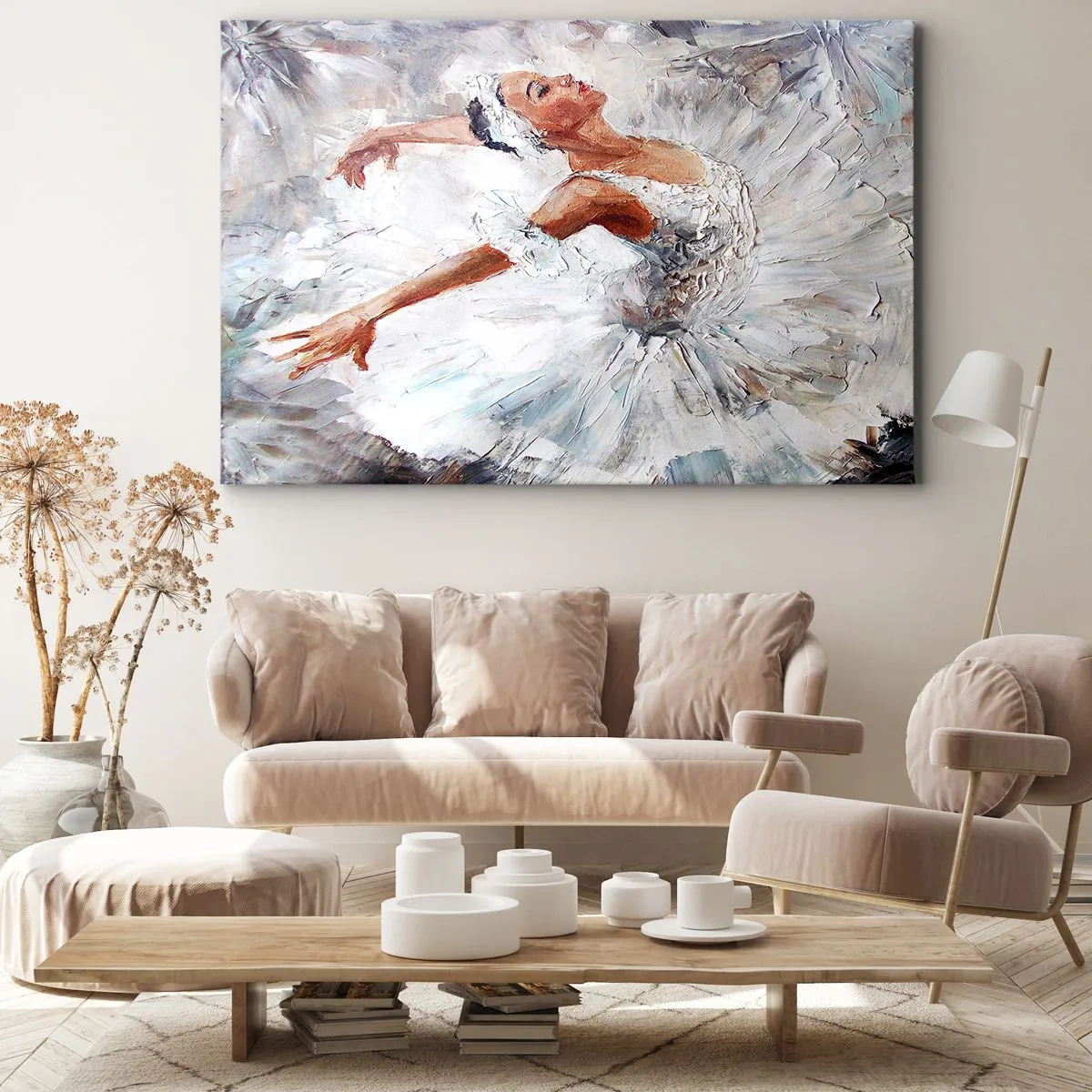 Lærredstryk - Billede på lærred - En ballerina i en hvid kjole danser - 70x50cm - Blød og let som tyl - Moderne vægdekoration til stue og soveværelse ARTTOR