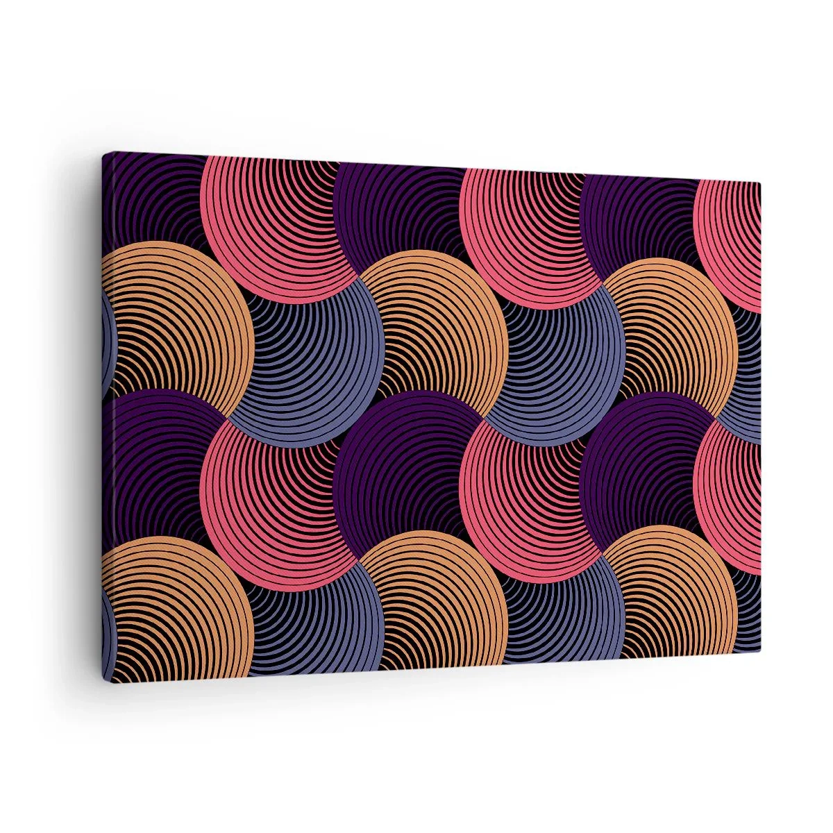 Lærredstryk - Billede på lærred - Geometriske cirkler i nuancer af lyserød, lilla og guld - 70x50cm - I en cirkulær rytme - Moderne vægdekoration til stue og soveværelse ARTTOR