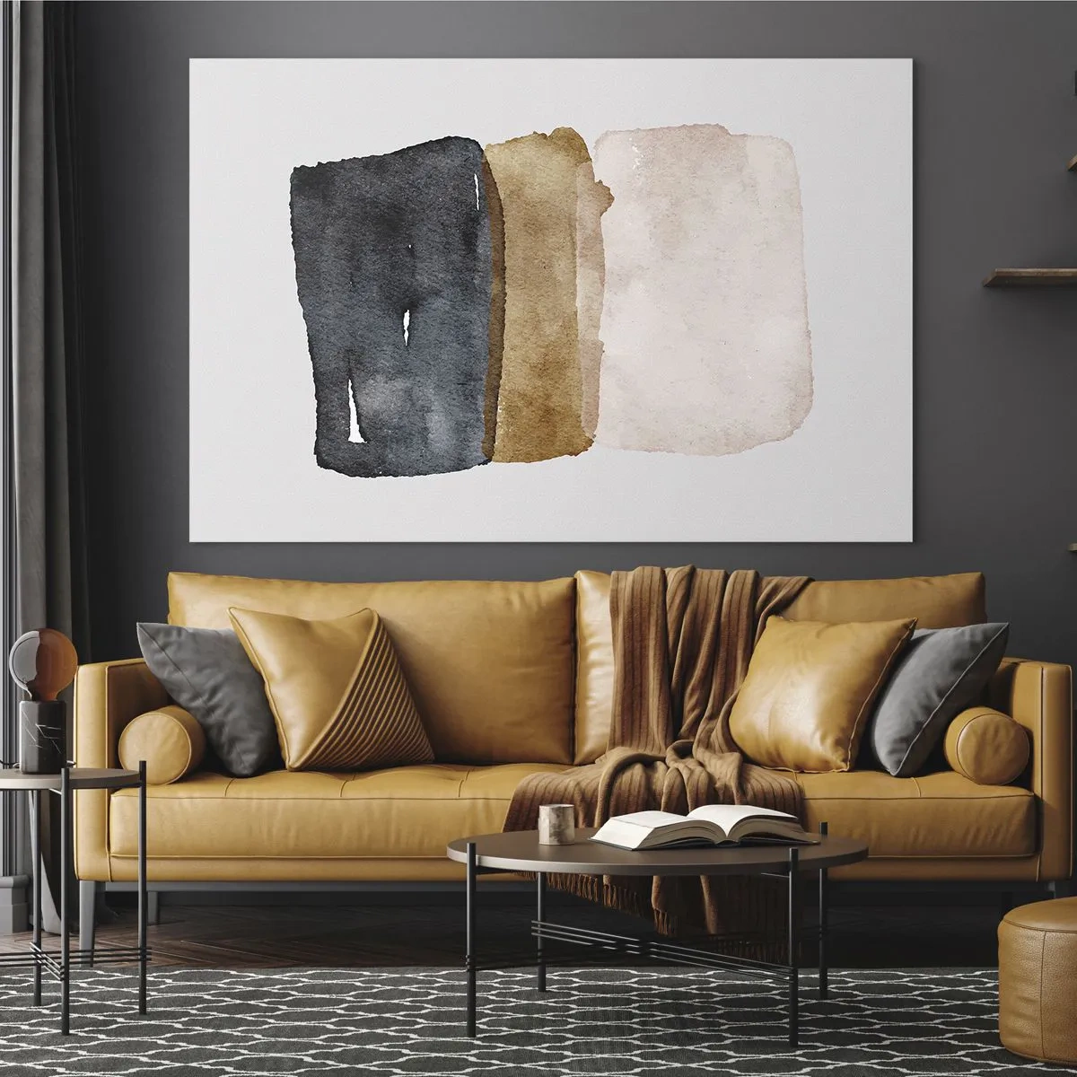 Billede på glas - Abstrakte pletter i nuancer af sort, brun og beige - 70x50cm - Sammensætning af jordfarver - Moderne vægdekoration til stue og soveværelse ARTTOR