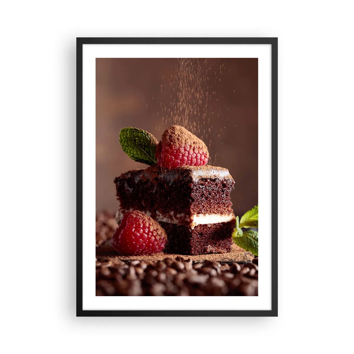 Plakat i sort ramme - Chokoladekage med hindbær og kakaokrymmel - 50x70cm - Livet er sødt - Moderne vægdekoration til stue og soveværelse ARTTOR