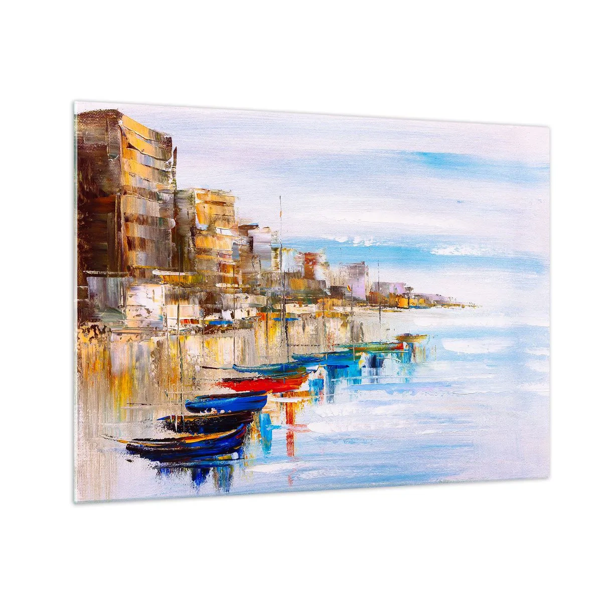 Billede på glas - Farverige både fortøjet ved byens kaj - 70x50cm - Flerfarvet urban havn - Moderne vægdekoration til stue og soveværelse ARTTOR