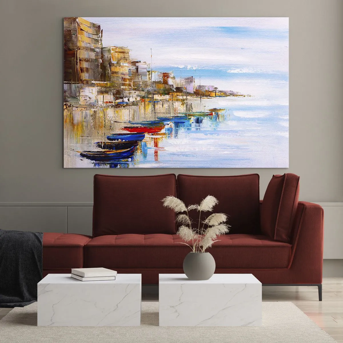 Billede på glas - Farverige både fortøjet ved byens kaj - 70x50cm - Flerfarvet urban havn - Moderne vægdekoration til stue og soveværelse ARTTOR