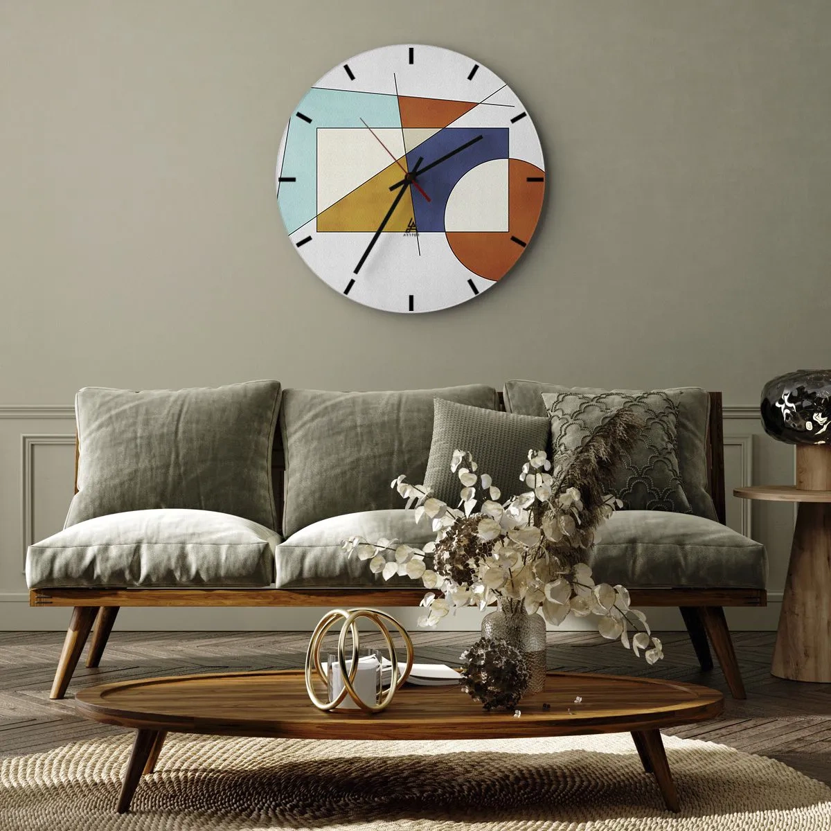 Vægur, Uret - Farverig geometrisk komposition med rektangler og cirkler - 30x30cm - Abstraktion: modernistisk leg - Moderne vægdekoration til stue, køkken og soveværelse ARTTOR