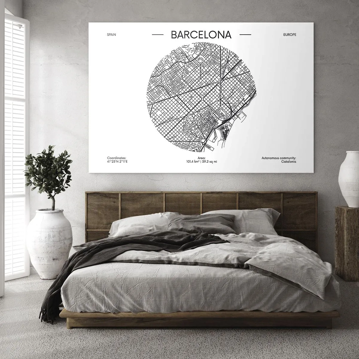 Billede på glas - Et minimalistisk kort over Barcelona i sort-hvid æstetik - 70x50cm - Barcelonas anatomi - Moderne vægdekoration til stue og soveværelse ARTTOR