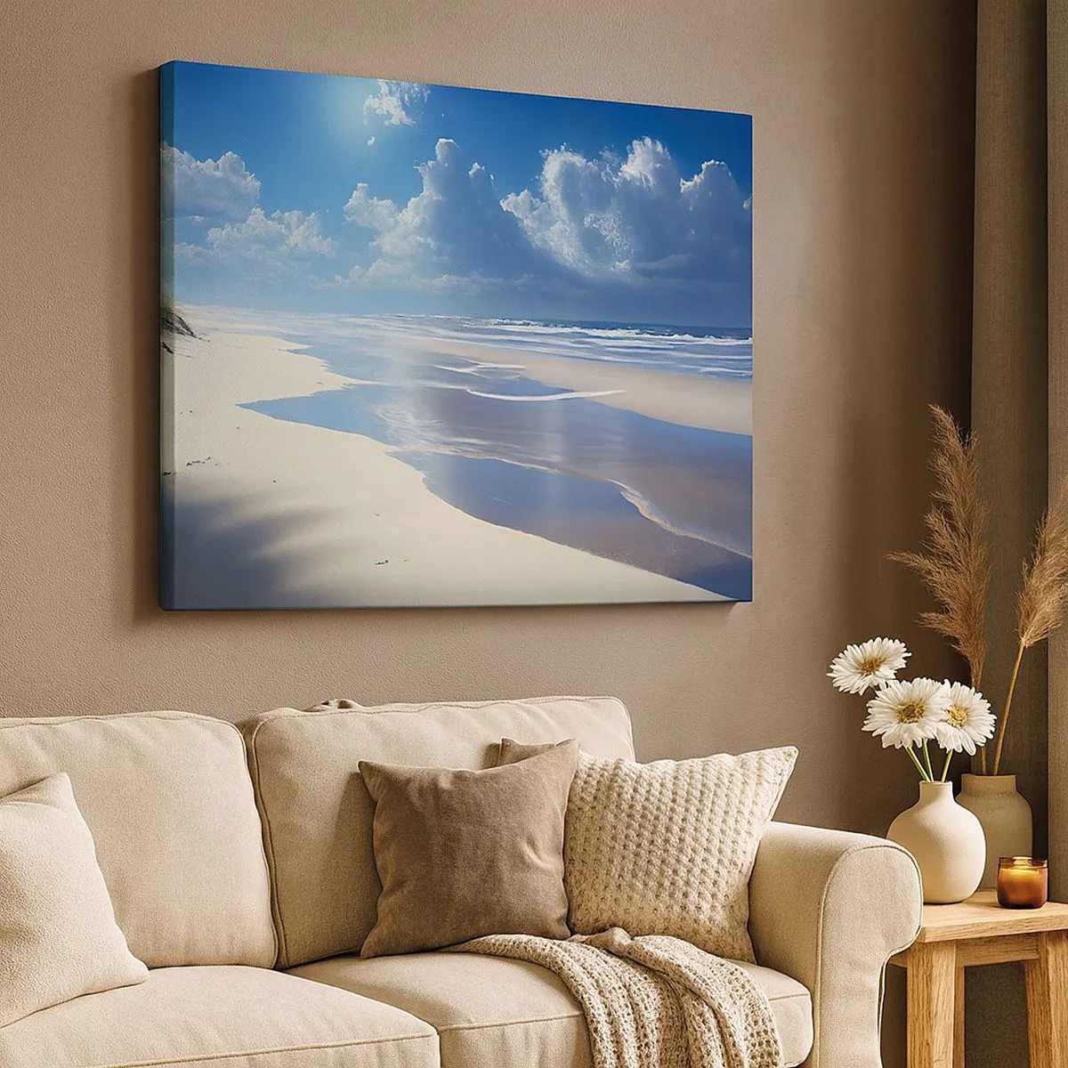 Lærredstryk - Billede på lærred - En sandstrand med bølger under en blå himmel - 70x50cm - Ferie i paradis - Moderne vægdekoration til stue og soveværelse ARTTOR