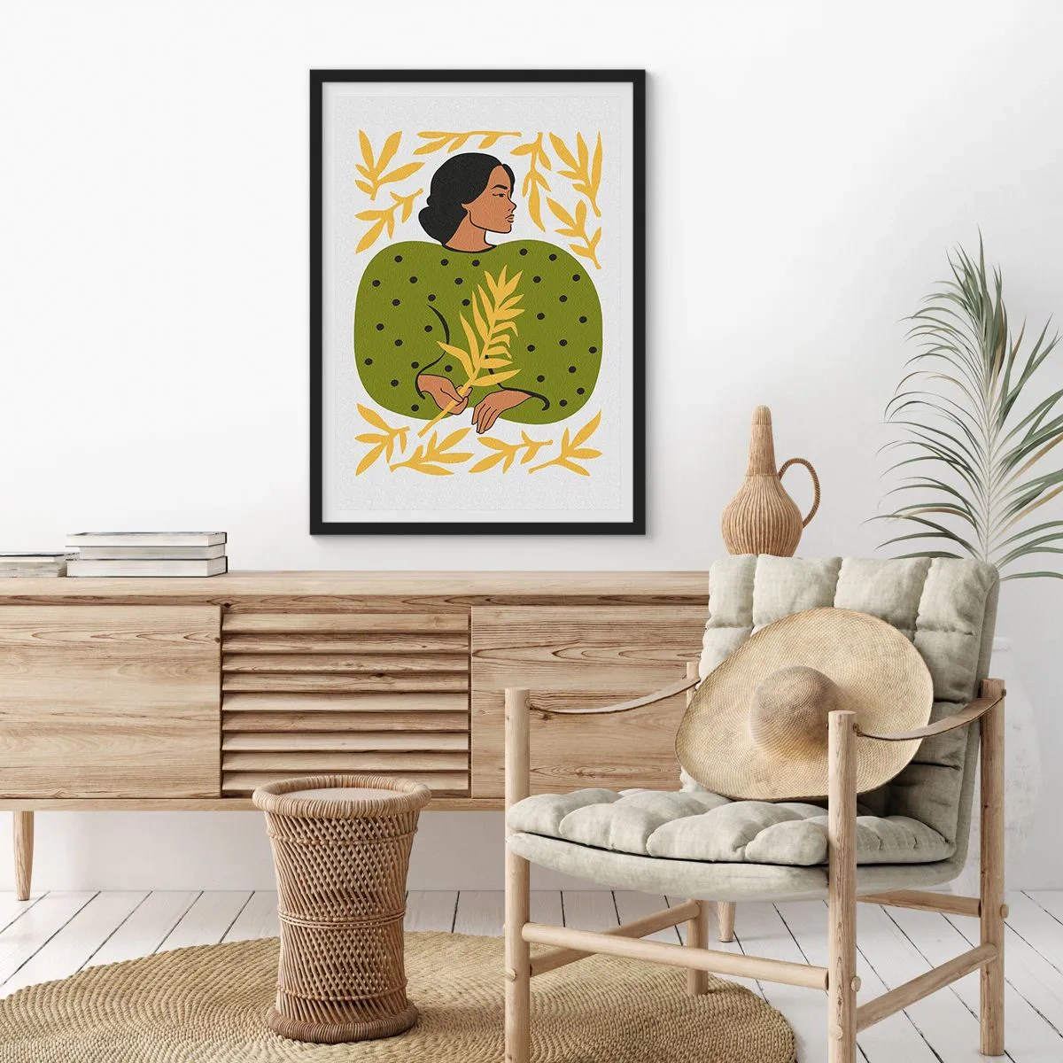 Plakat i sort ramme - Portræt af en kvinde i en grøn kjole med et gult blad og et fint mønster - 50x70cm - Hawaiiansk pige - Moderne vægdekoration til stue og soveværelse ARTTOR
