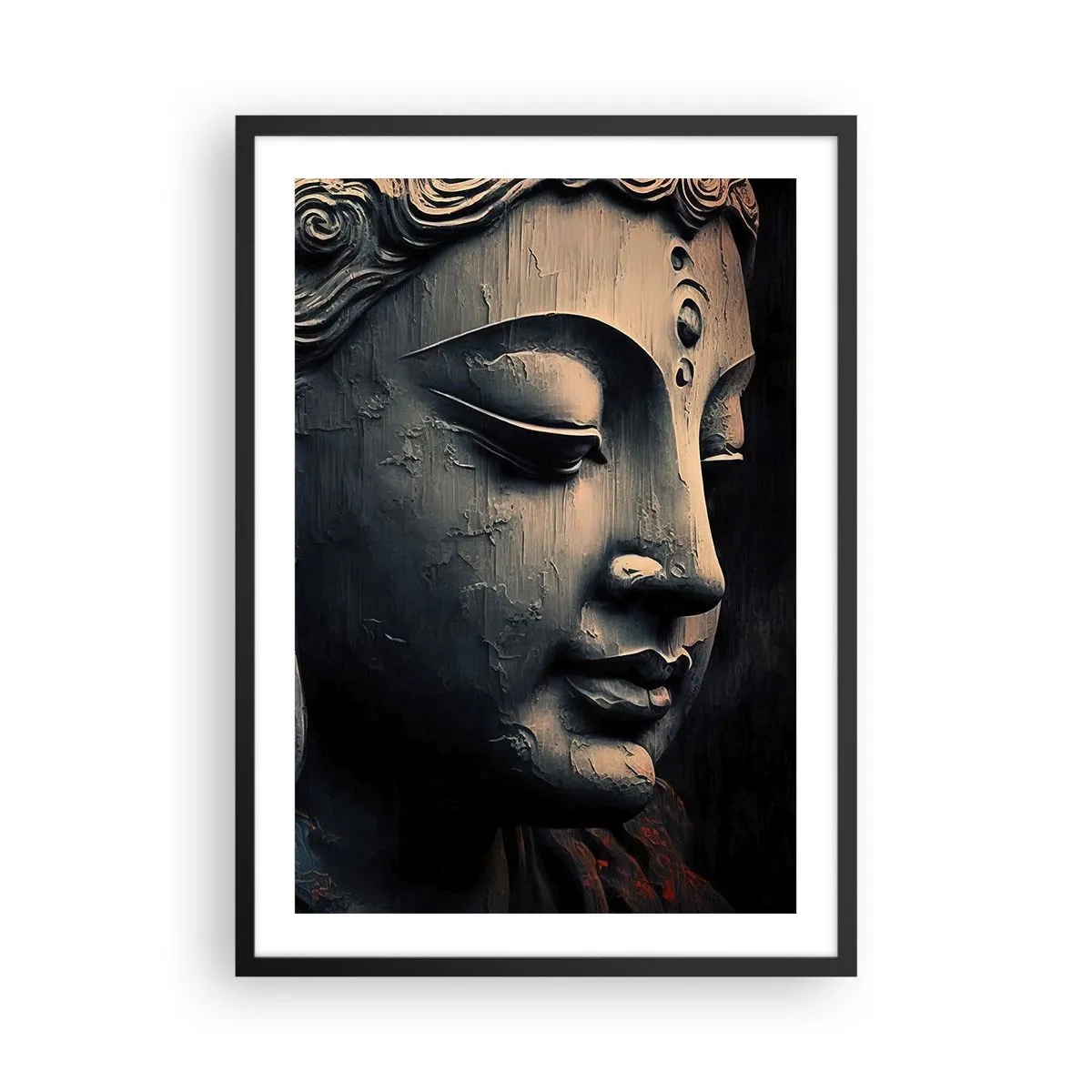 Plakat i sort ramme - Nærbillede af en Buddha-skulptur i varmt lys - 50x70cm - I pagt med verden - Moderne vægdekoration til stue og soveværelse ARTTOR