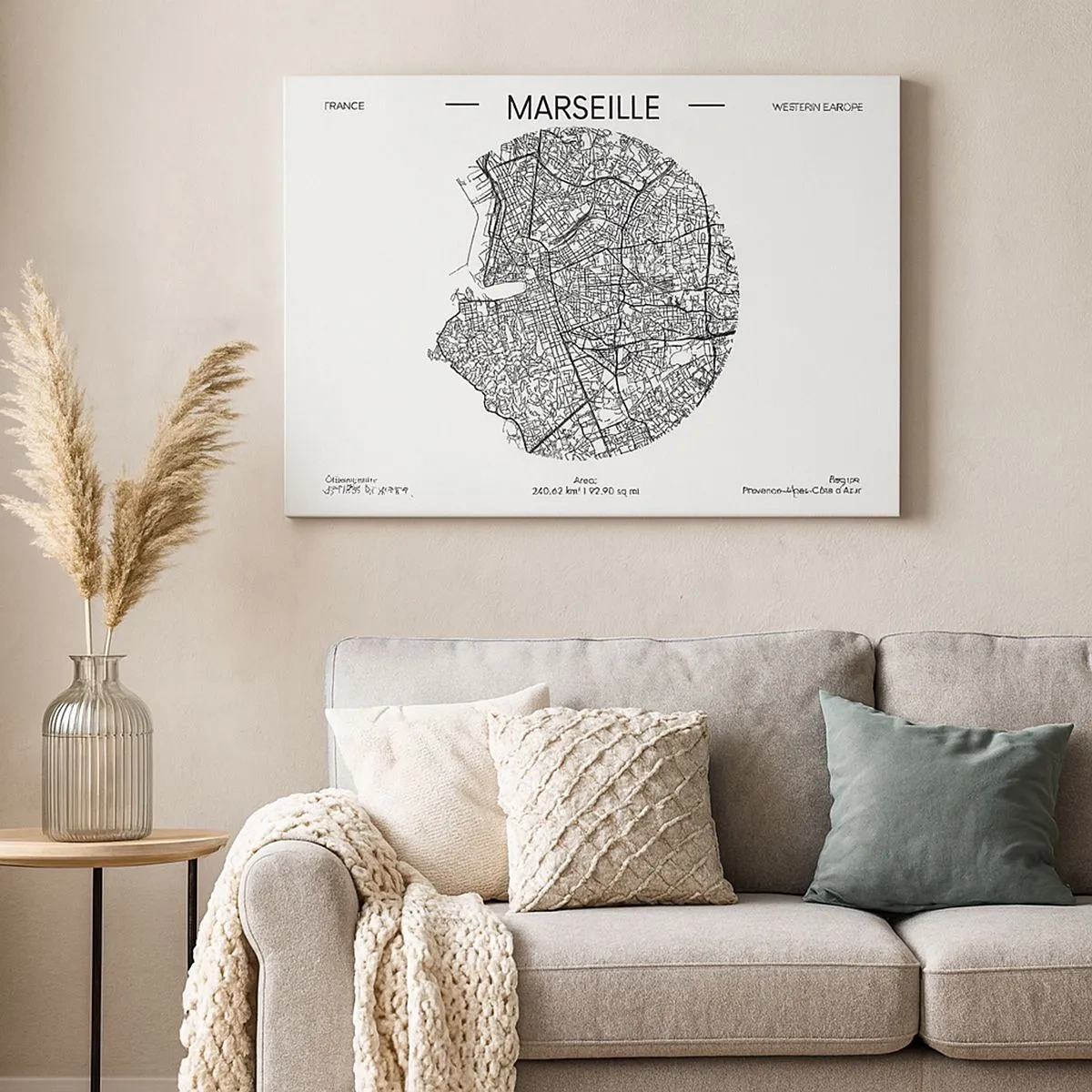 Lærredstryk - Billede på lærred - Kort over Marseille i minimalistisk stil - 70x50cm - Marseilles anatomi - Moderne vægdekoration til stue og soveværelse ARTTOR