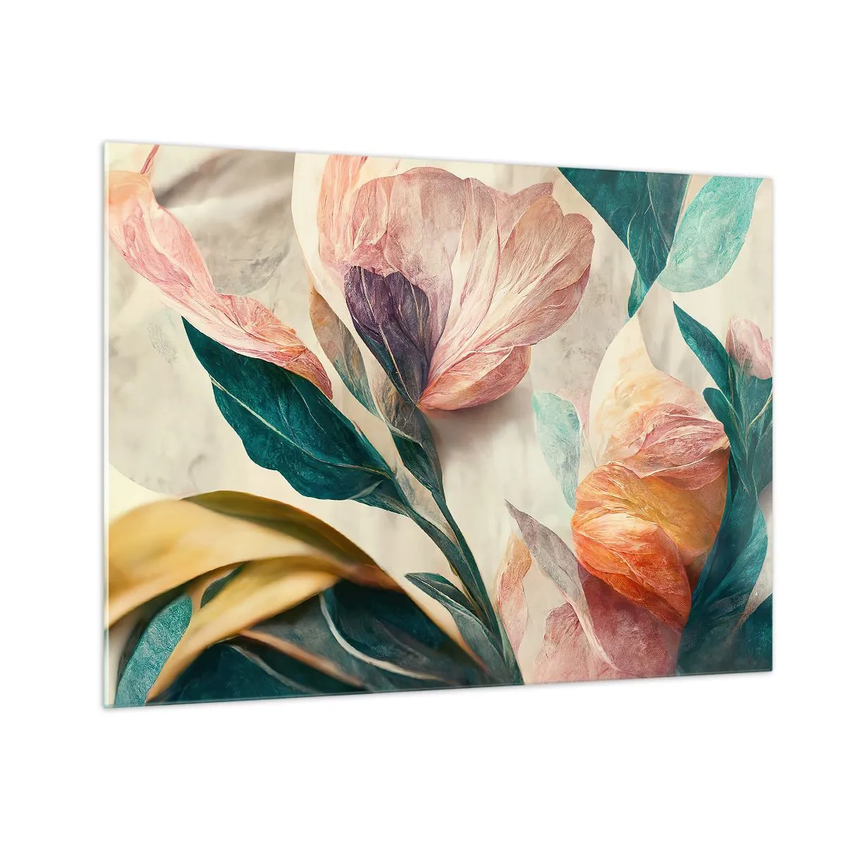 Billede på glas - Eksotiske blomster og blade i pastelfarver i botanisk stil - 70x50cm - Blomster på de sydlige øer - Moderne vægdekoration til stue og soveværelse ARTTOR