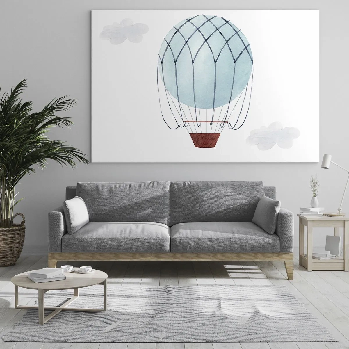 Billede på glas - Blå varmluftballon i skyerne - 70x50cm - Alt i skyerne - Moderne vægdekoration til stue og soveværelse ARTTOR