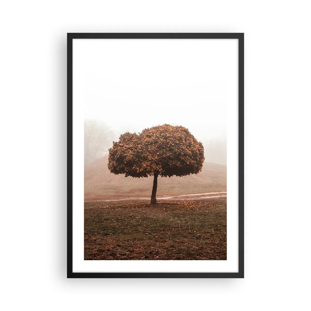 Plakat i sort ramme - Et ensomt træ i efterårstågen - 50x70cm - Efter en travl sommer - Moderne vægdekoration til stue og soveværelse ARTTOR