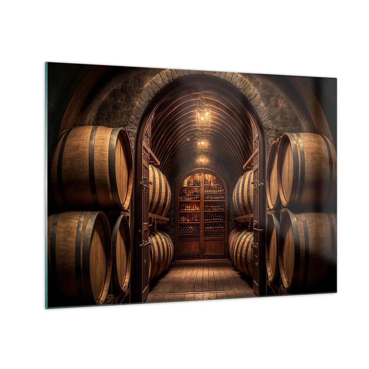 Billede på glas - En vingård med tønder og en oplyst kælder fuld af flasker - 70x50cm - Atmosfærisk kælder - Moderne vægdekoration til stue og soveværelse ARTTOR
