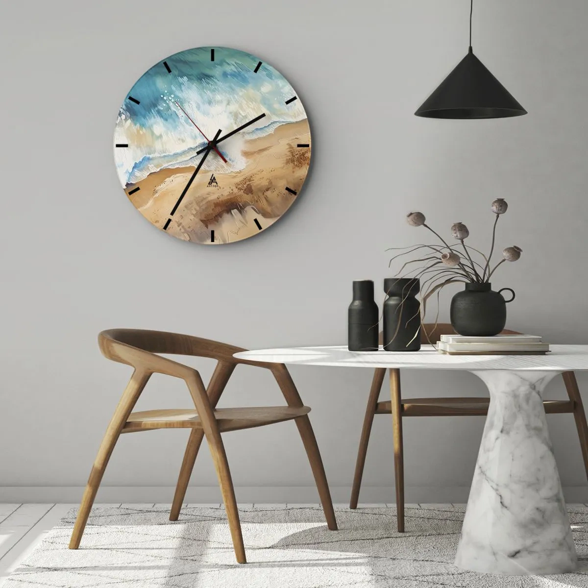 Vægur, Uret - Et fugleperspektiv af en malerisk bølge, der slår ned på sandet - 30x30cm - Tilbagevendende bølge - Moderne vægdekoration til stue, køkken og soveværelse ARTTOR