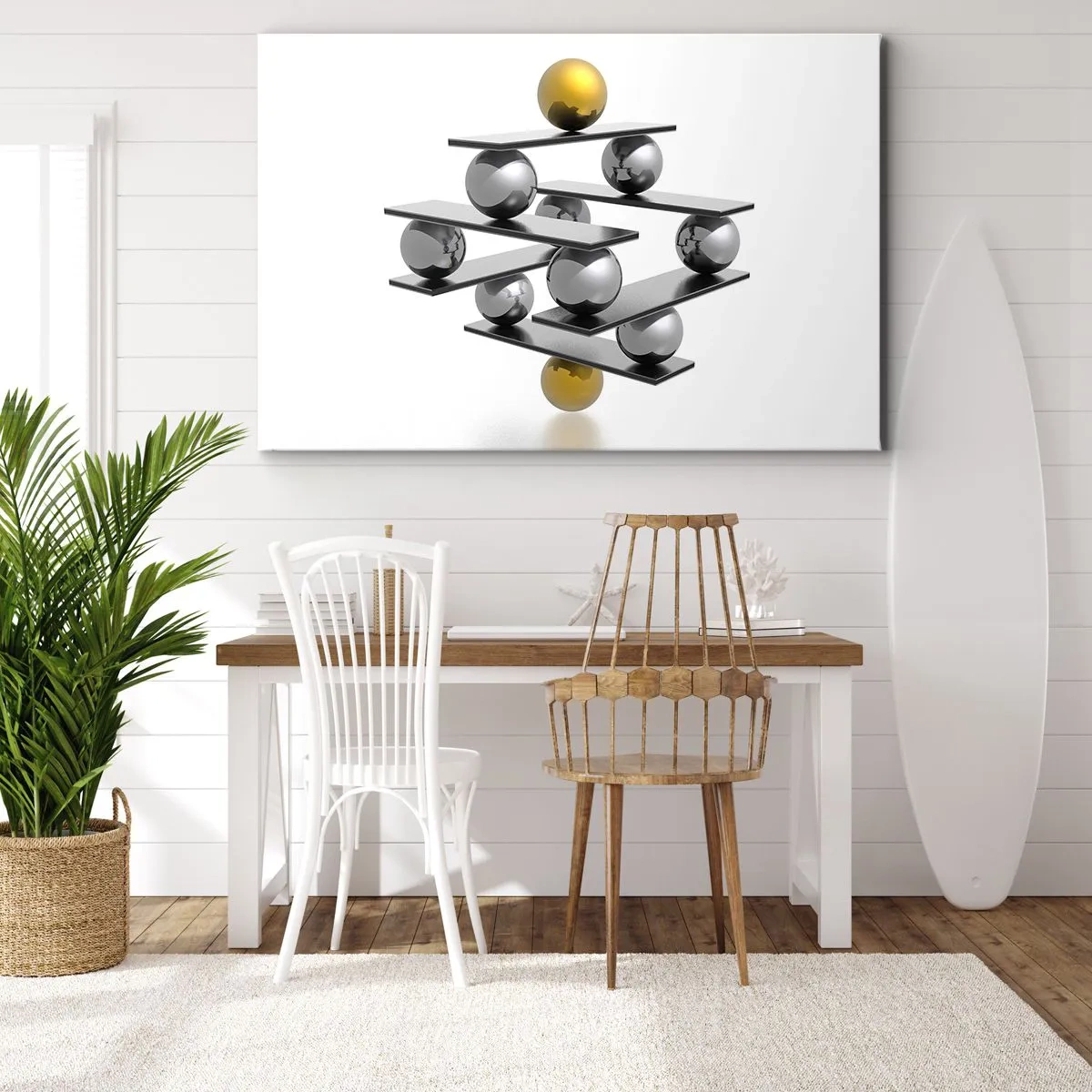 Lærredstryk - Billede på lærred - Geometrisk komposition med metalkugler og en guld accent - 70x50cm - Guld-sølv-balancen - Moderne vægdekoration til stue og soveværelse ARTTOR