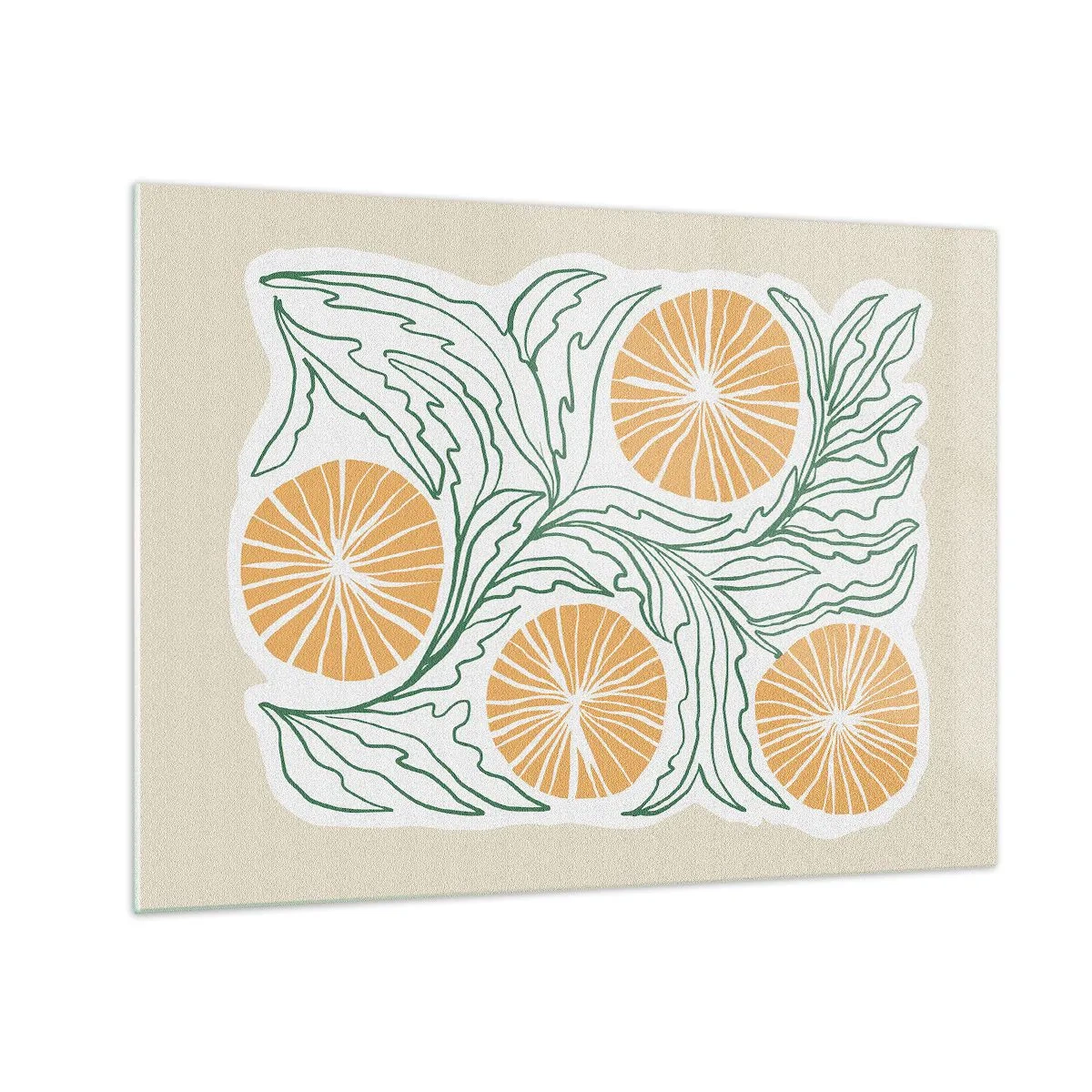 Billede på glas - Orange frugter og grønne blade i en grafisk komposition - 70x50cm - Etnisk med et strejf af abstraktion - Moderne vægdekoration til stue og soveværelse ARTTOR