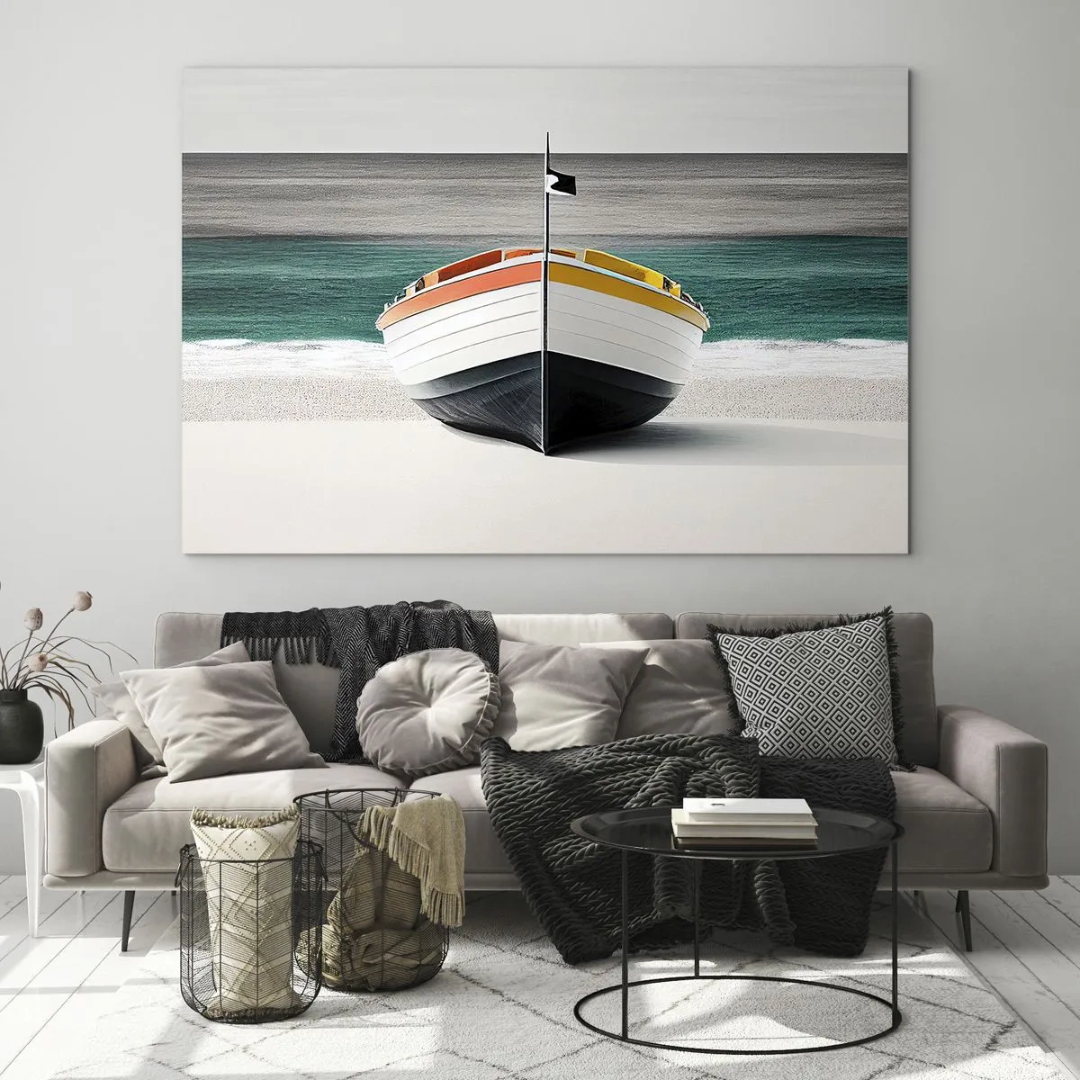 Billede på glas - En farverig båd på stranden med et turkisblåt hav i baggrunden - 70x50cm - På sin plads - Moderne vægdekoration til stue og soveværelse ARTTOR