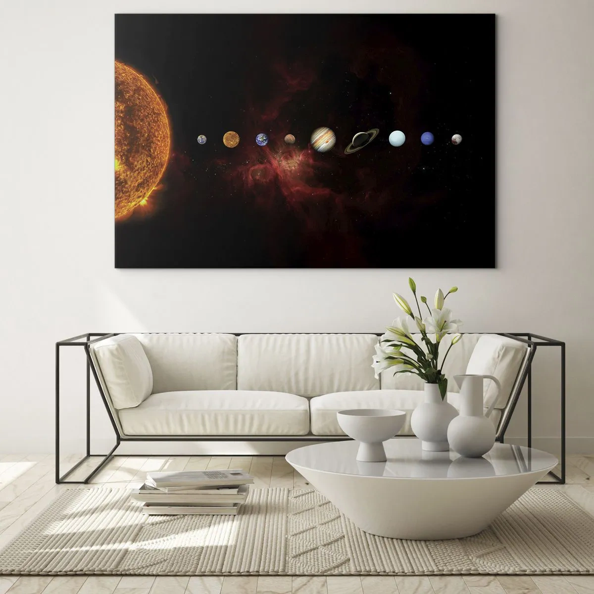 Billede på glas - Planetsystem med Solen på en sort baggrund - 70x50cm - Vores nabolag - Moderne vægdekoration til stue og soveværelse ARTTOR