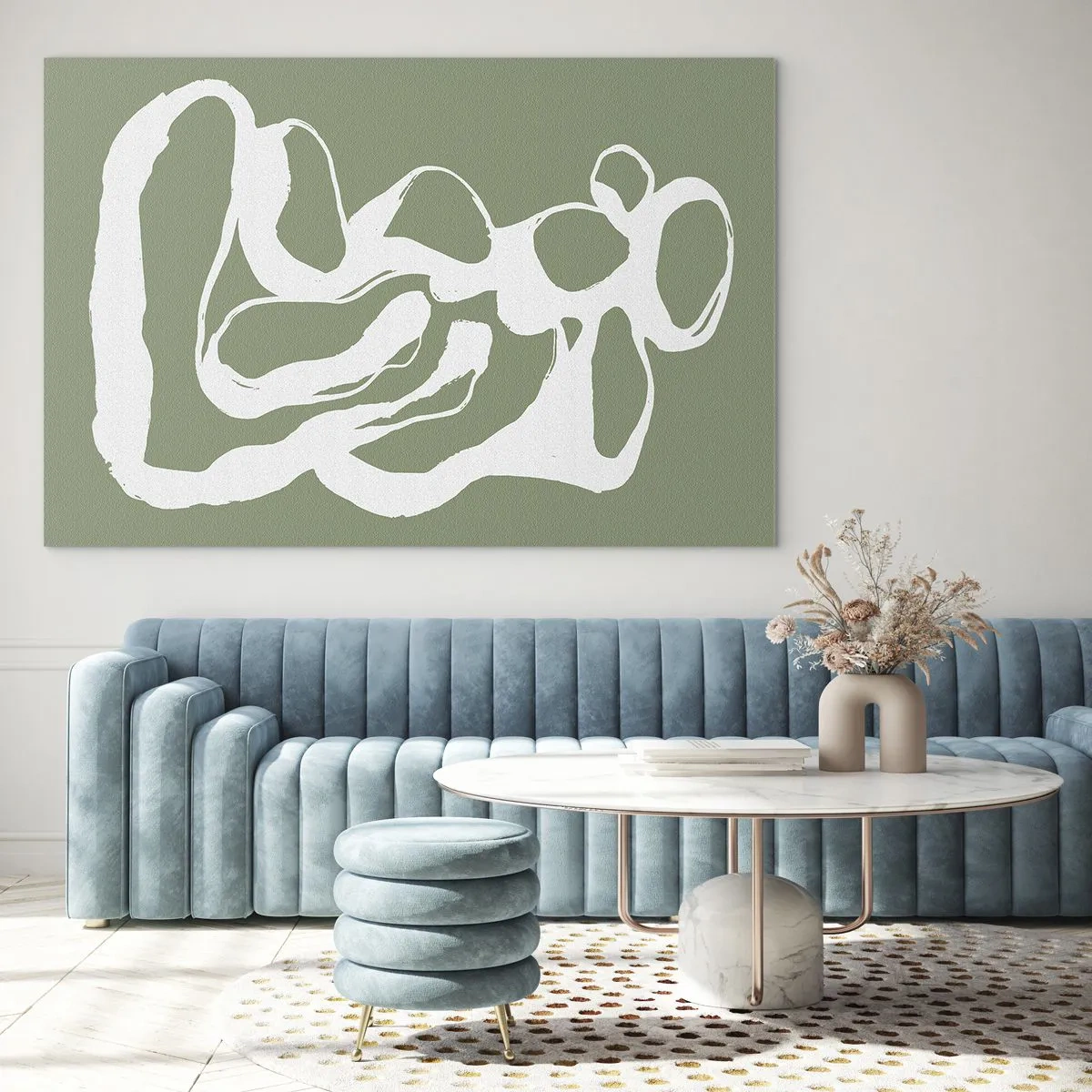Billede på glas - Abstrakt hvid organisk form på en oliven baggrund - 70x50cm - Rummets kald - Moderne vægdekoration til stue og soveværelse ARTTOR