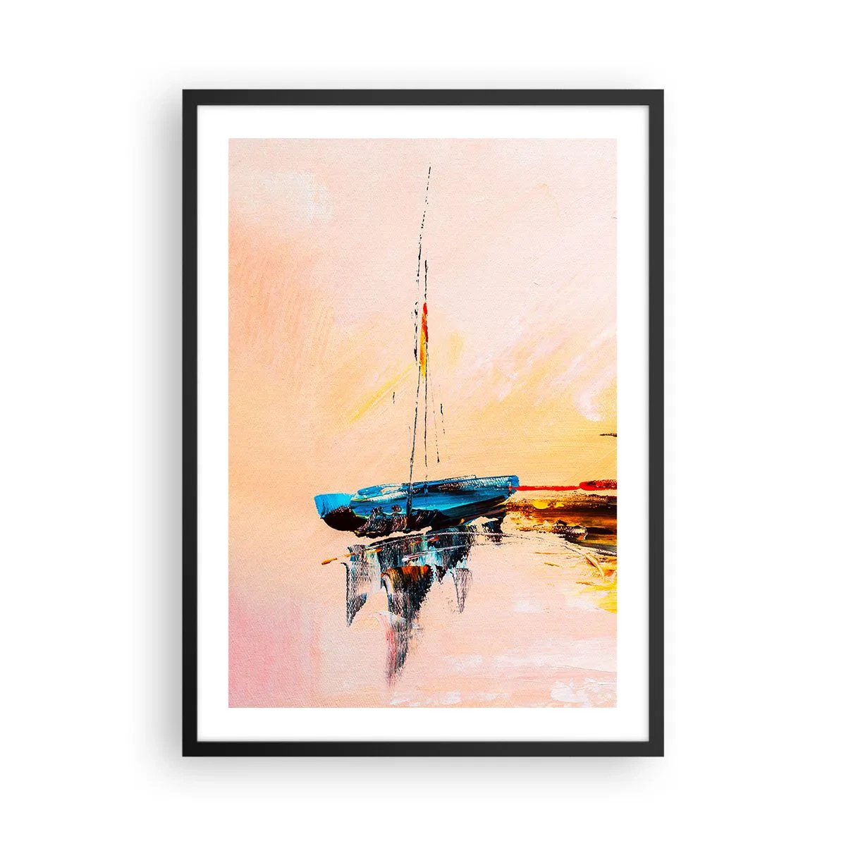 Plakat i sort ramme - Abstrakt båd på roligt vand ved solnedgang - 50x70cm - En aften i havnen - Moderne vægdekoration til stue og soveværelse ARTTOR