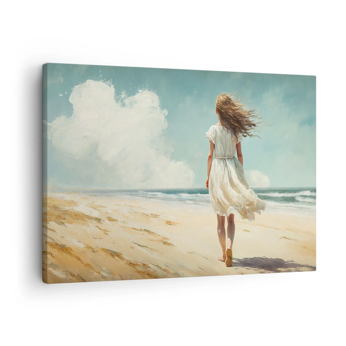 Lærredstryk - Billede på lærred - En kvinde i en hvid kjole går på stranden på en solskinsdag - 70x50cm - At møde solen og vinden - Moderne vægdekoration til stue og soveværelse ARTTOR