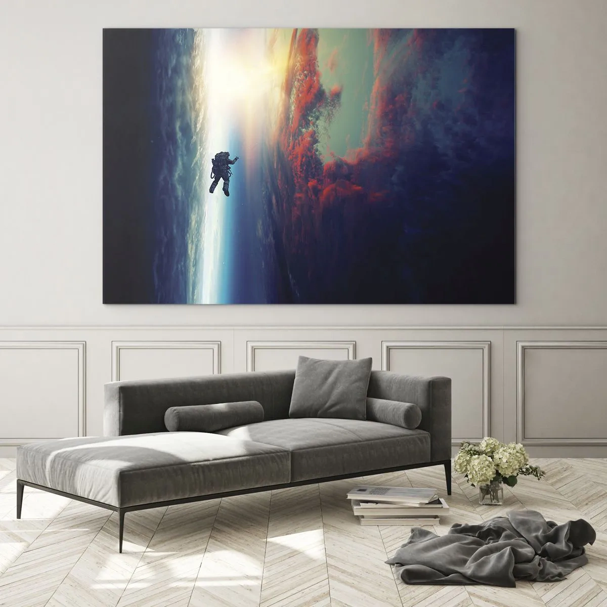 Billede på glas - En astronaut, der driver gennem rummet mod lyset - 70x50cm - Over for universet - Moderne vægdekoration til stue og soveværelse ARTTOR
