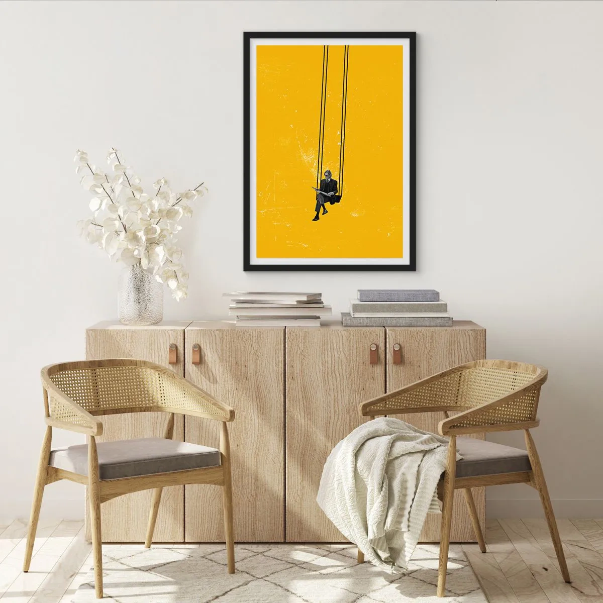 Plakat i sort ramme - Minimalistisk grafik med en figur på en gynge - 50x70cm - En dag som alle andre - Moderne vægdekoration til stue og soveværelse ARTTOR