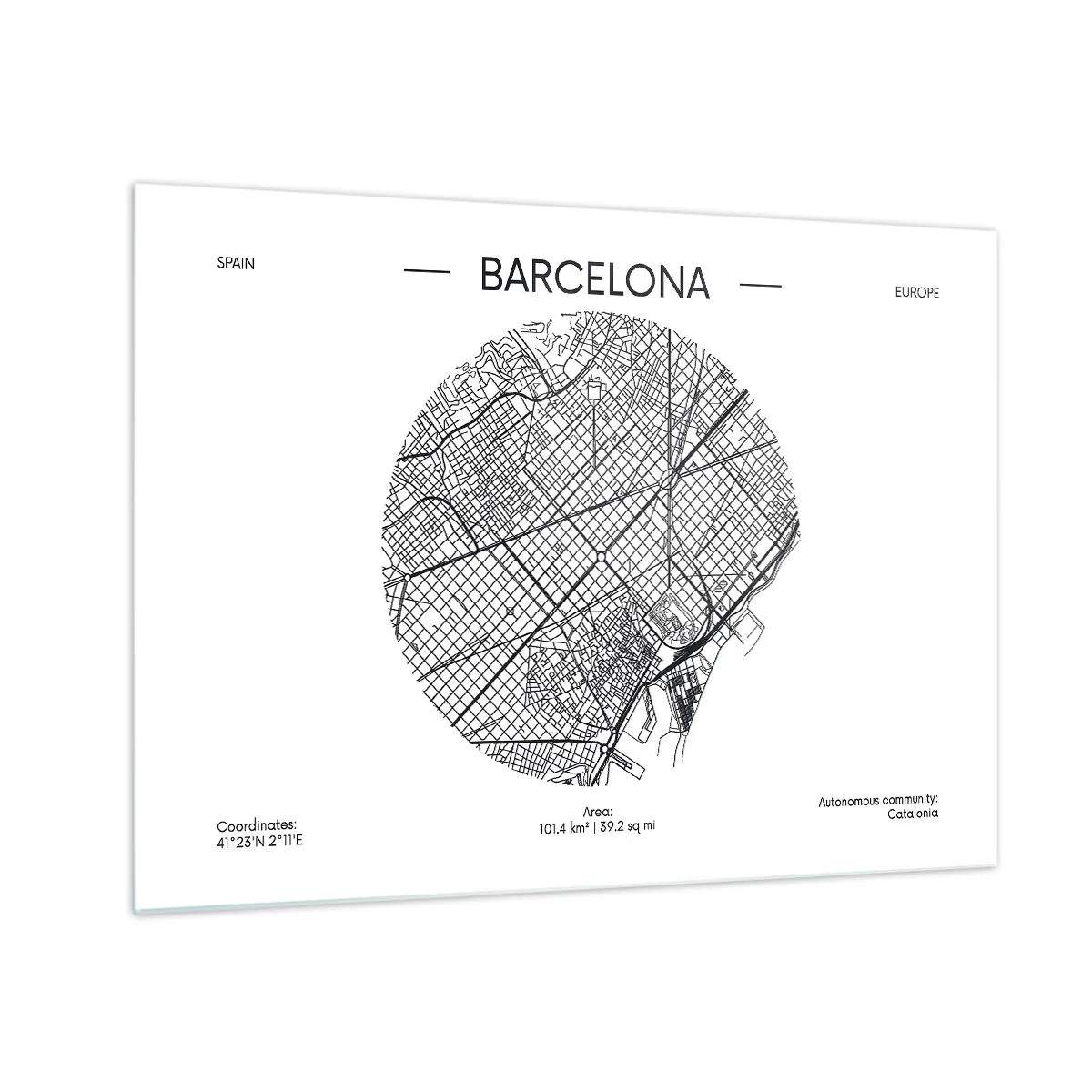 Billede på glas - Et minimalistisk kort over Barcelona i sort-hvid æstetik - 70x50cm - Barcelonas anatomi - Moderne vægdekoration til stue og soveværelse ARTTOR