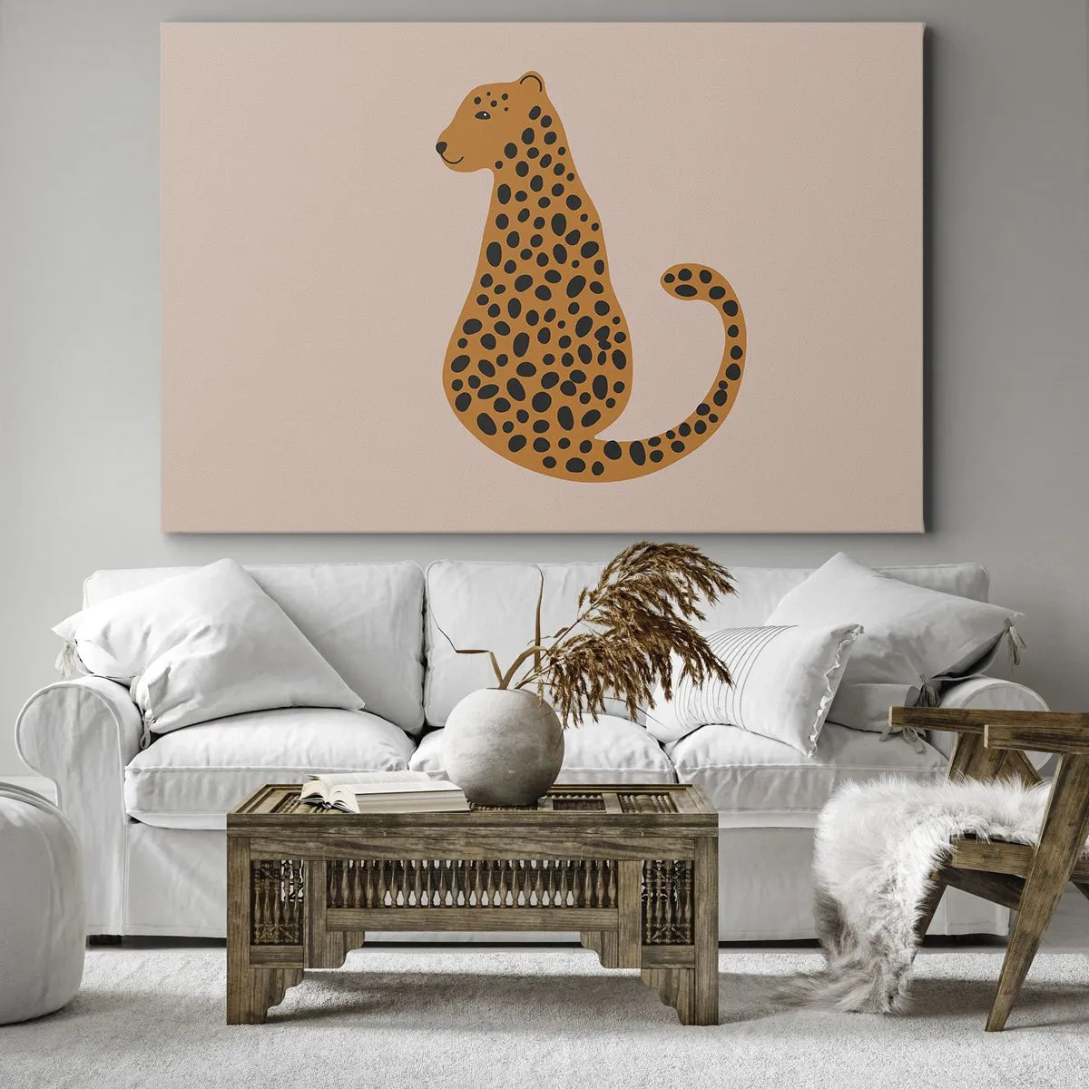Lærredstryk - Billede på lærred - En minimalistisk tegning af en panter på en beige baggrund - 70x50cm - Leopardprint er et moderigtigt mønster - Moderne vægdekoration til stue og soveværelse ARTTOR