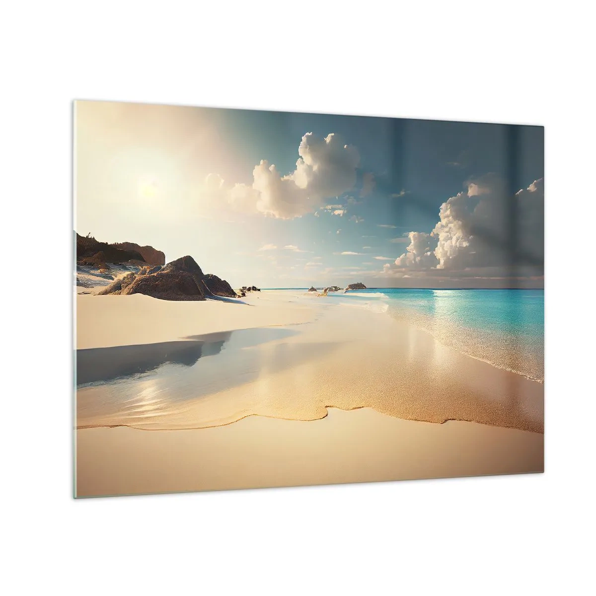 Billede på glas - Gylden strand og turkisblåt hav i morgensolens lys - 70x50cm - En drømmeagtig dag - Moderne vægdekoration til stue og soveværelse ARTTOR