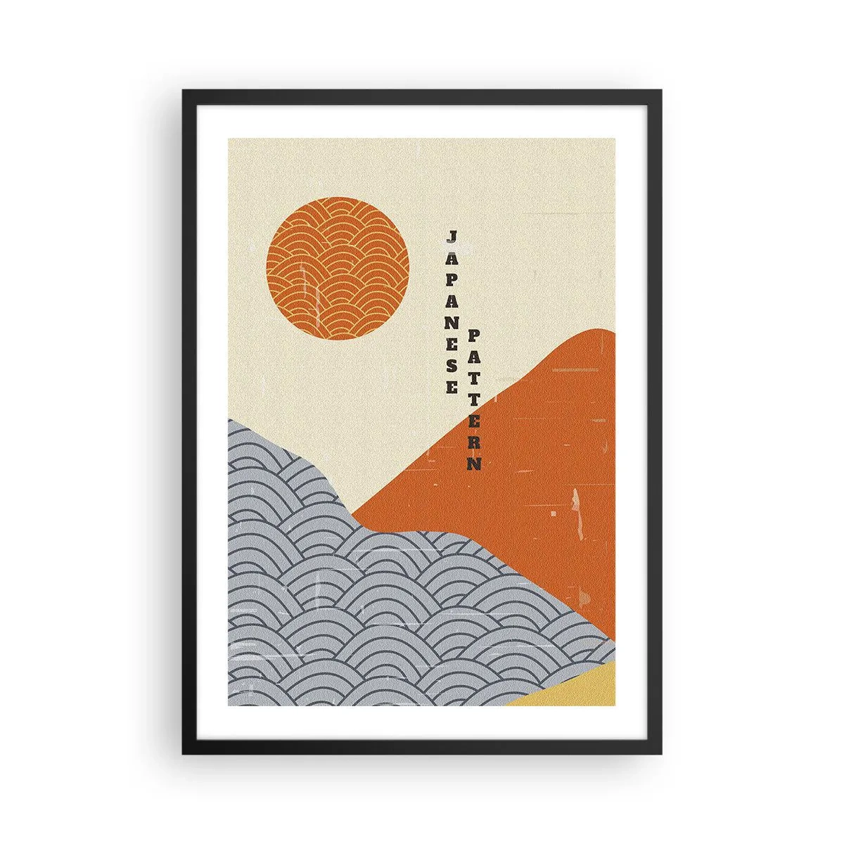 Plakat i sort ramme - Minimalistisk japansk mønster med bølger og sol - 50x70cm - I den japanske ånd - Moderne vægdekoration til stue og soveværelse ARTTOR
