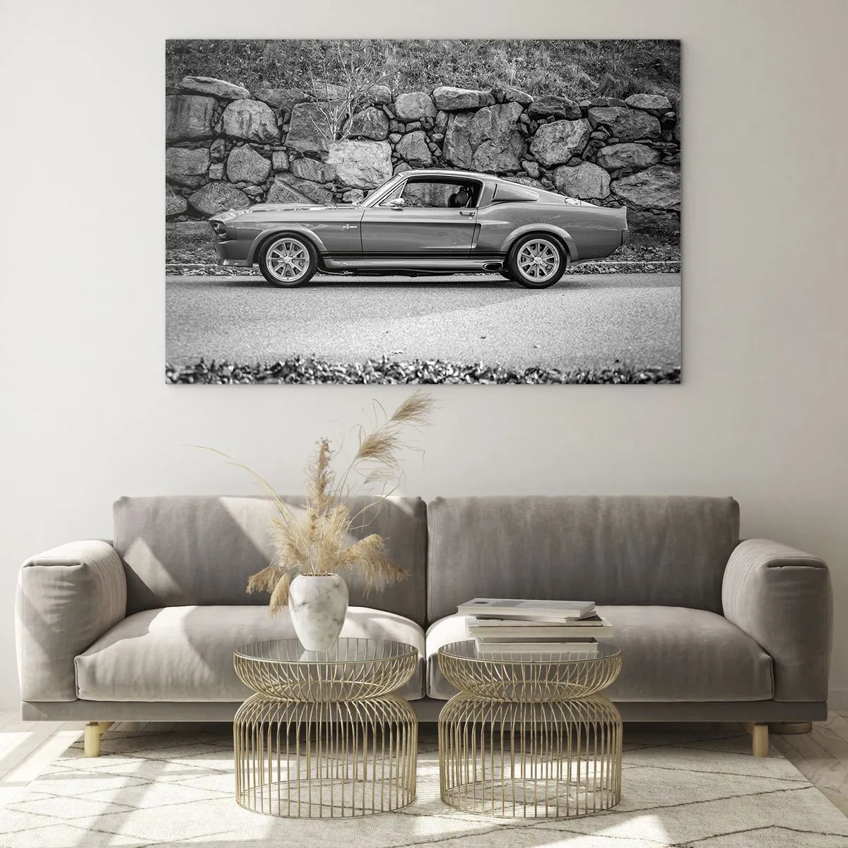 Billede på glas - En klassisk bil mod en stenmur - 70x50cm - En legende fra 1960'erne. - Moderne vægdekoration til stue og soveværelse ARTTOR