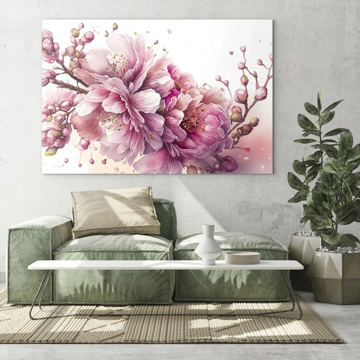 Billede på glas - Lyserøde kirsebærblomster i fuldt flor mod en lys baggrund - 70x50cm - Kirsebærblomst - Moderne vægdekoration til stue og soveværelse ARTTOR