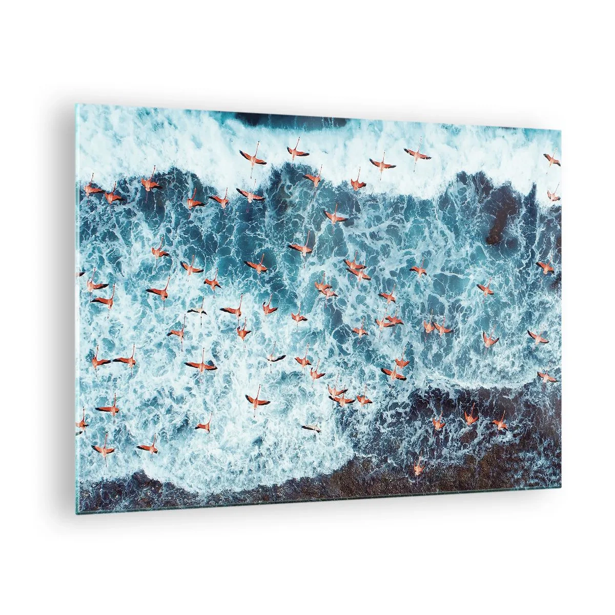 Billede på glas - Lyserøde flamingoer over de barske havbølger - 70x50cm - Parade ved havet - Moderne vægdekoration til stue og soveværelse ARTTOR