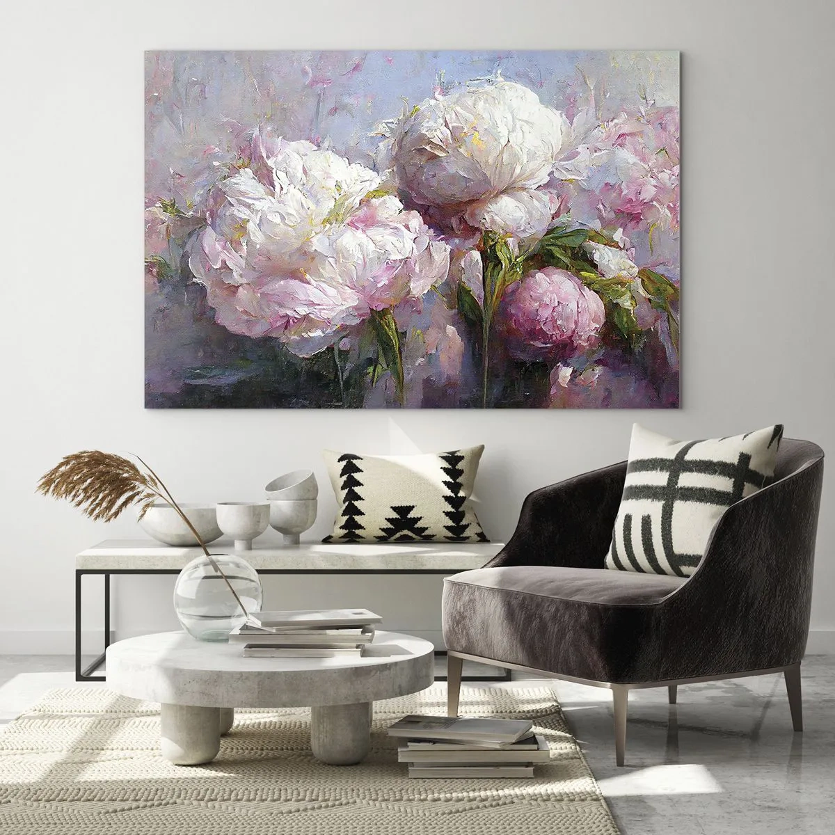 Billede på glas - Oliemaleri af blomstrende hvide og lyserøde pæoner - 70x50cm - En buket fyldt med liv - Moderne vægdekoration til stue og soveværelse ARTTOR