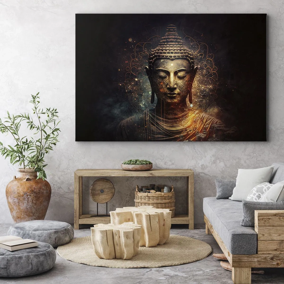 Lærredstryk - Billede på lærred - Gylden Buddha på en mørk baggrund med ornamenter - 70x50cm - Åndelig balance - Moderne vægdekoration til stue og soveværelse ARTTOR