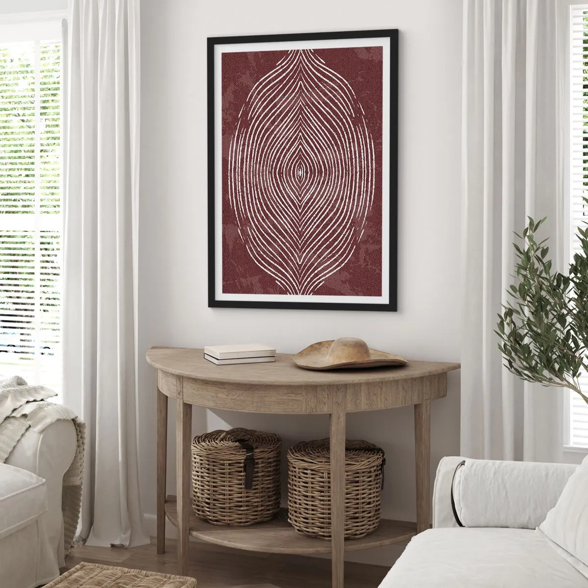 Plakat i sort ramme - Et hypnotisk mønster af hvide linjer på en brun baggrund. - 50x70cm - Rummet taler - Moderne vægdekoration til stue og soveværelse ARTTOR