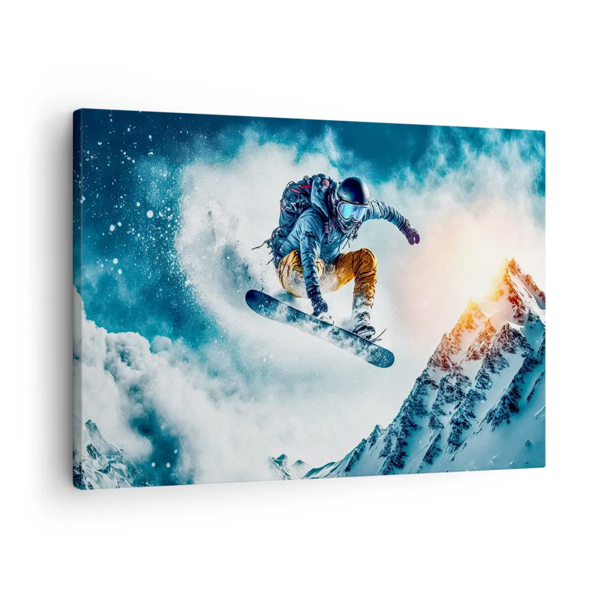 Lærredstryk - Billede på lærred - En snowboarder flyver over snedækkede bjerge - 70x50cm - Ekstreme følelser - Moderne vægdekoration til stue og soveværelse ARTTOR